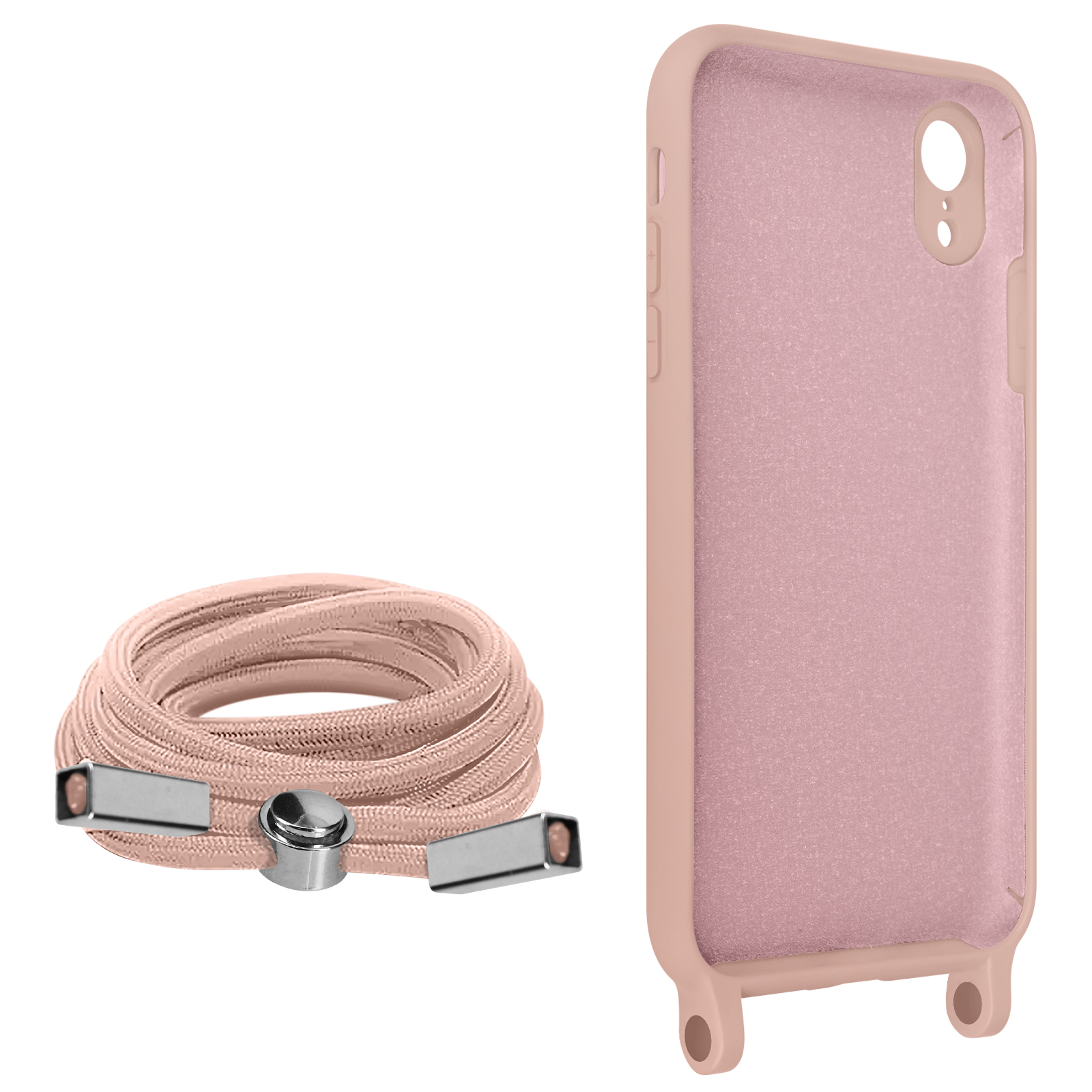 Coque de téléphone rose et sangle rose. Fond blanc.