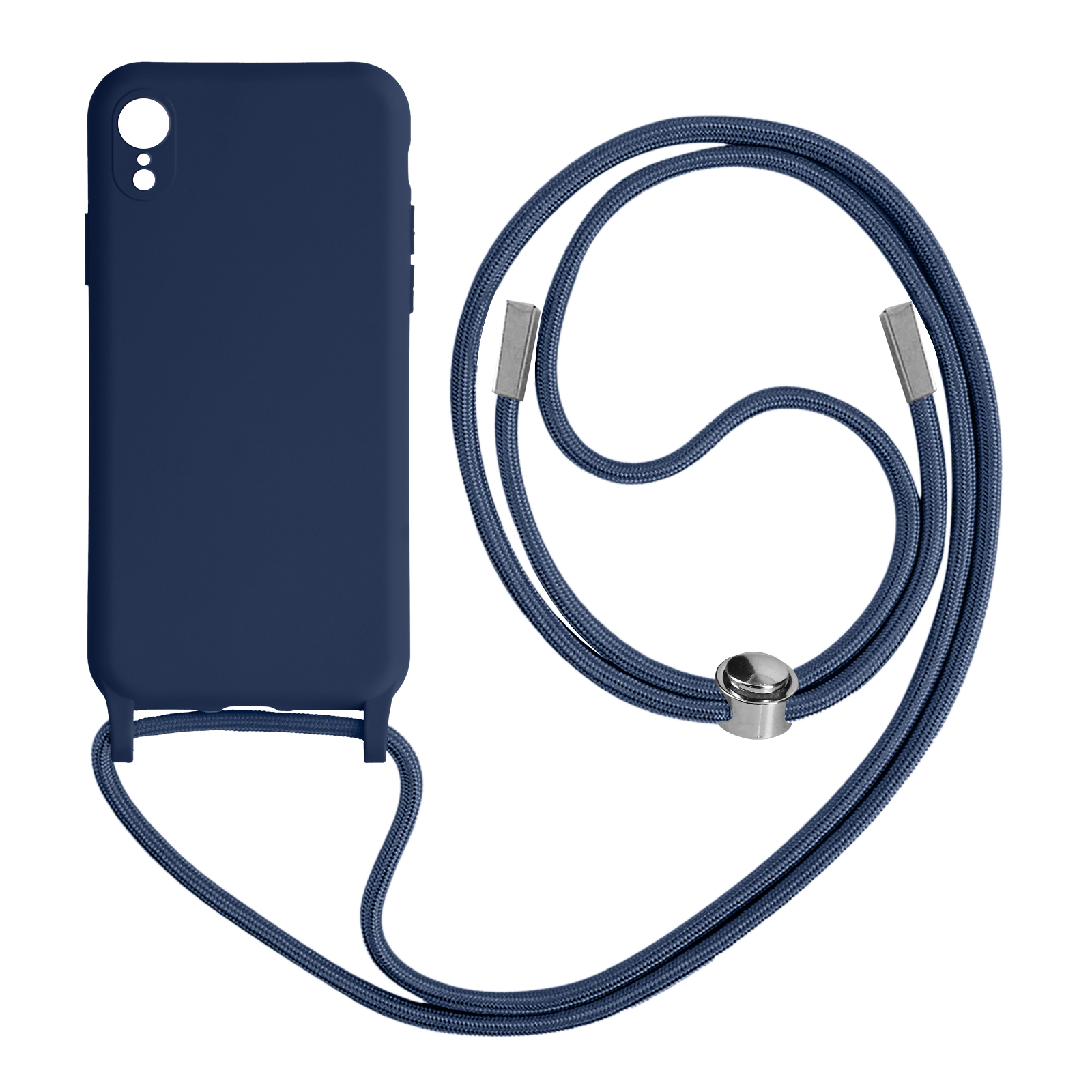 Un étui de téléphone bleu marine avec un cordon bleu assorti. Le cordon est attaché.