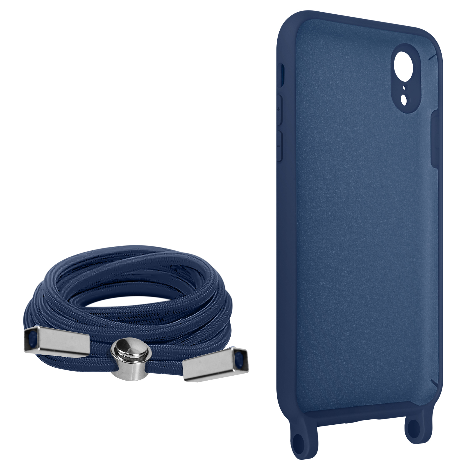 Coque de téléphone bleu marine avec corde et fermoirs métalliques assortis.