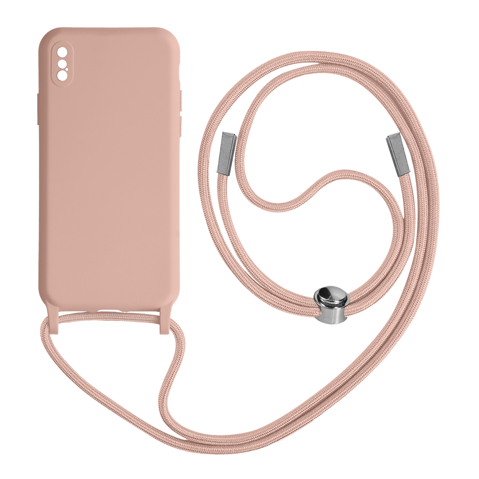 Coque de téléphone rose avec cordon. Fond blanc.