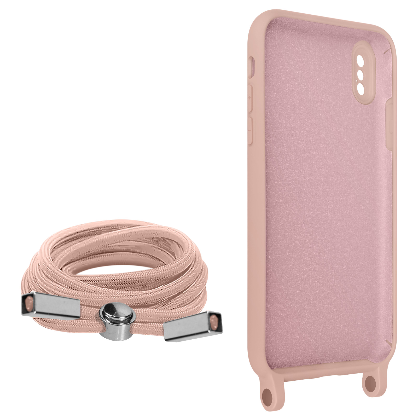 Coque de téléphone rose avec cordon rose et fermoirs argentés. L'étui est à côté du cordon.