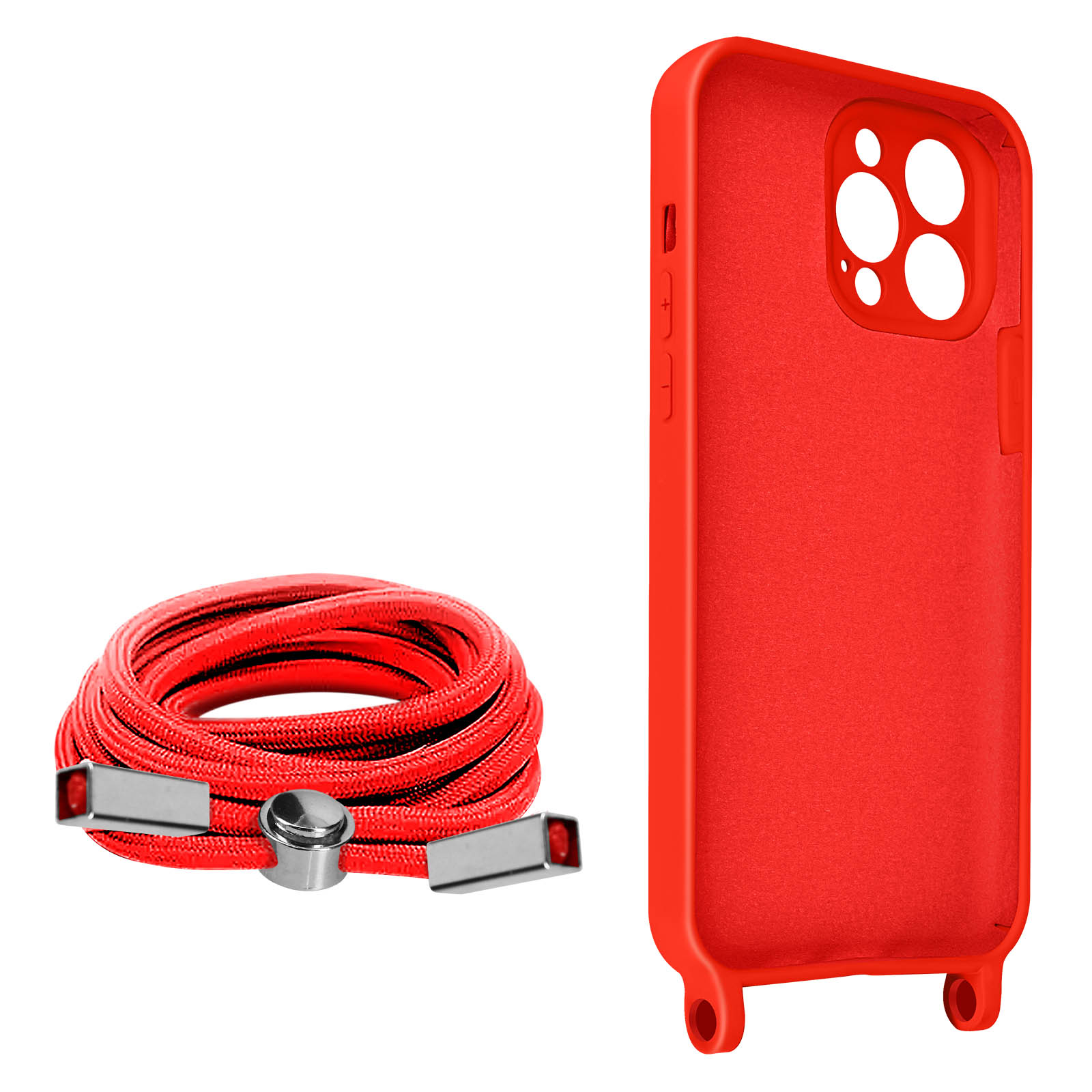 Custodia rossa per telefono con una corda rossa. La corda è attaccata alla custodia.