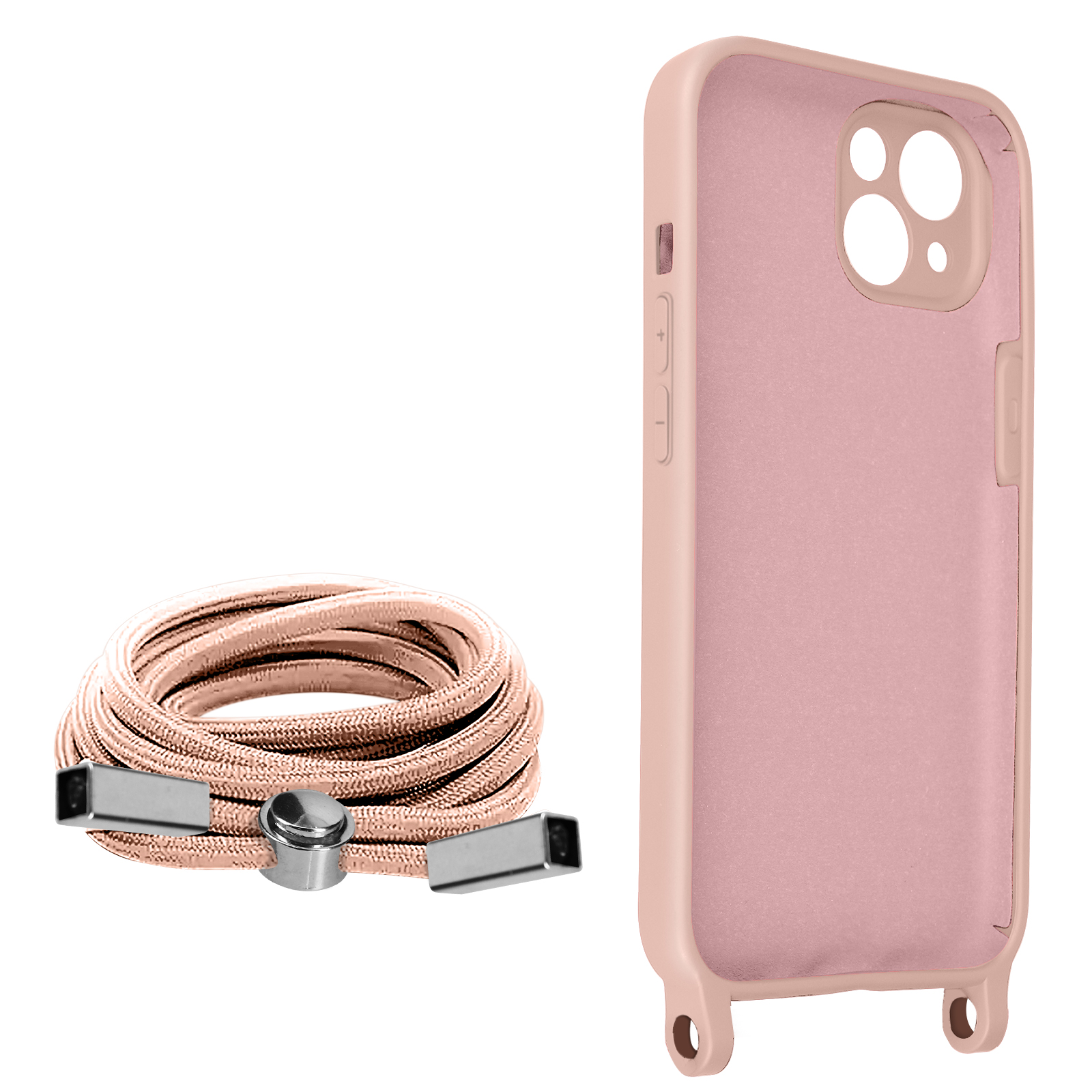 Una custodia per telefono e un cordino rosa con estremità metalliche. La custodia ha una tonalità rosa e un anello.