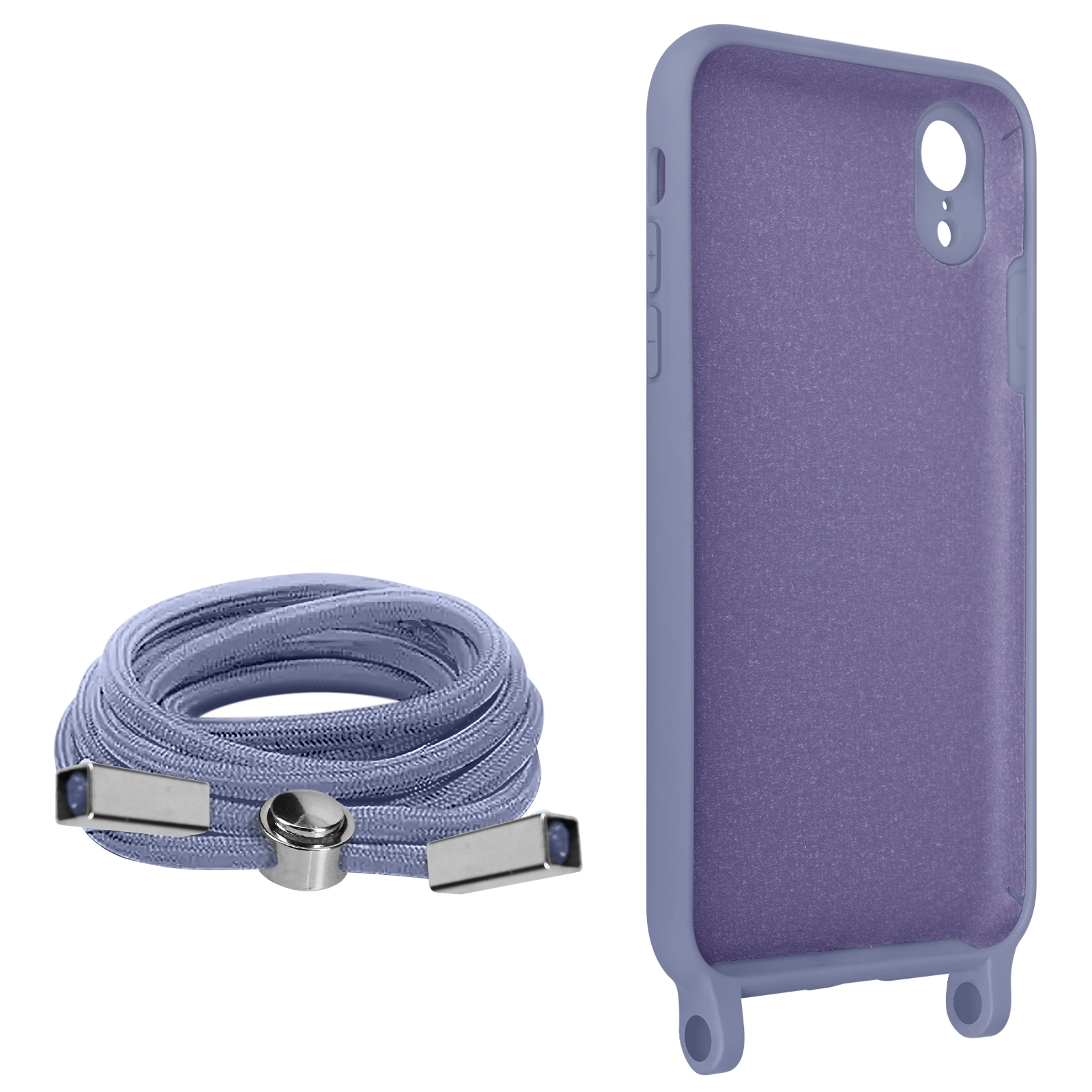 Un étui bleu pour téléphone et un cordon lavande. L'étui a une attache de sangle. Le cordon est enroulé.