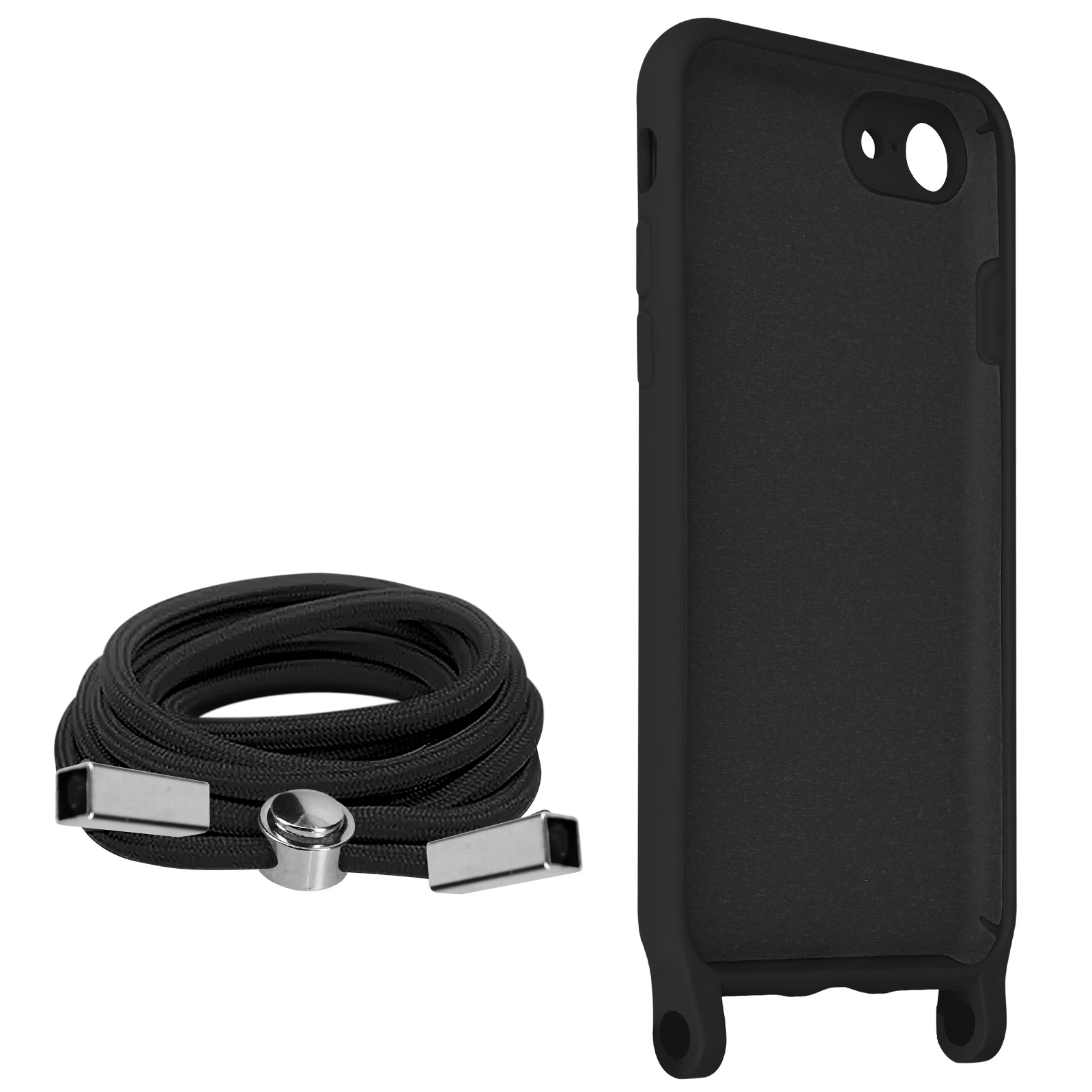 Une coque de téléphone noire et une lanière noire avec des extrémités en métal argenté, isolées sur blanc.