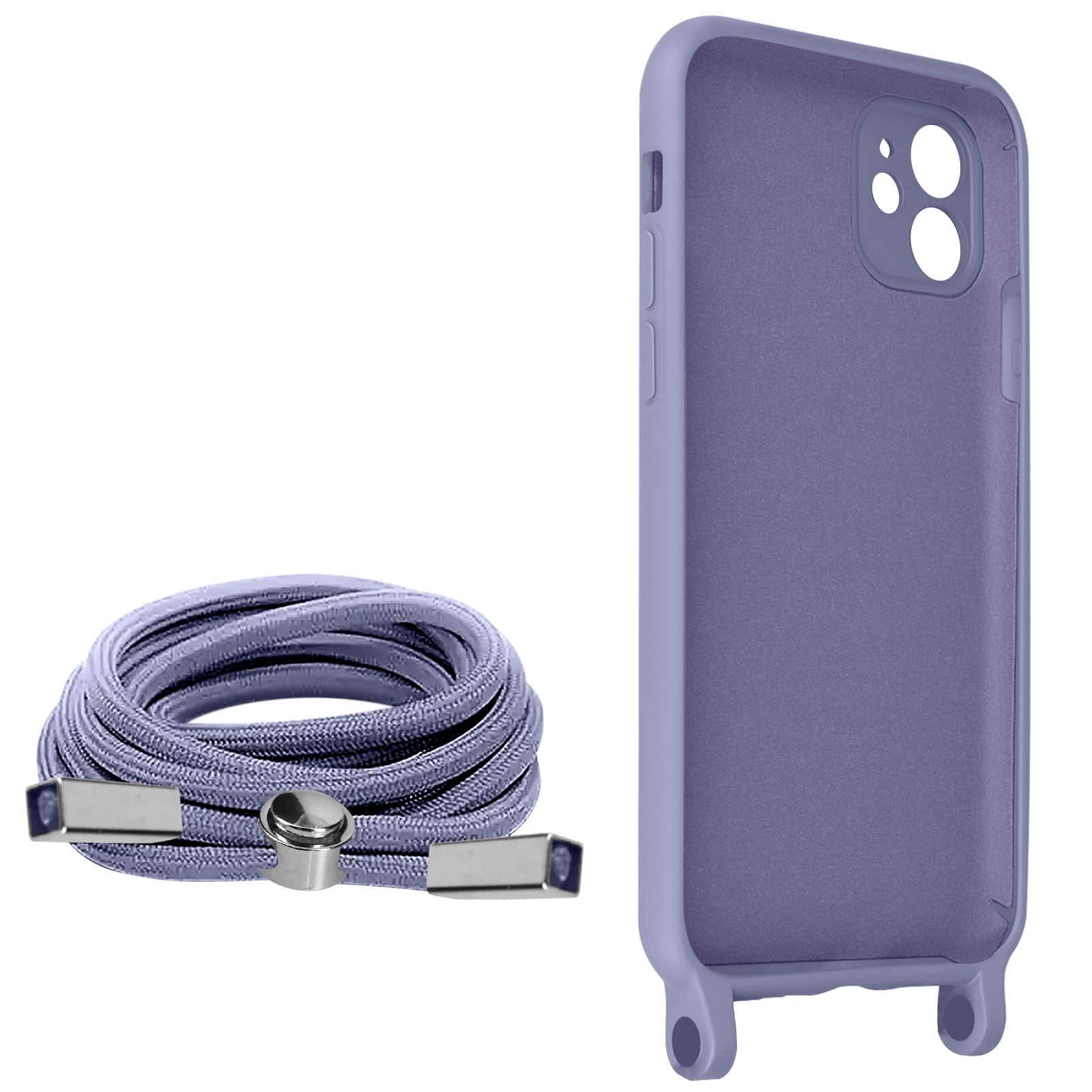 Paars telefoonhoesje en een paars koord. De hoes ligt naast het koord.