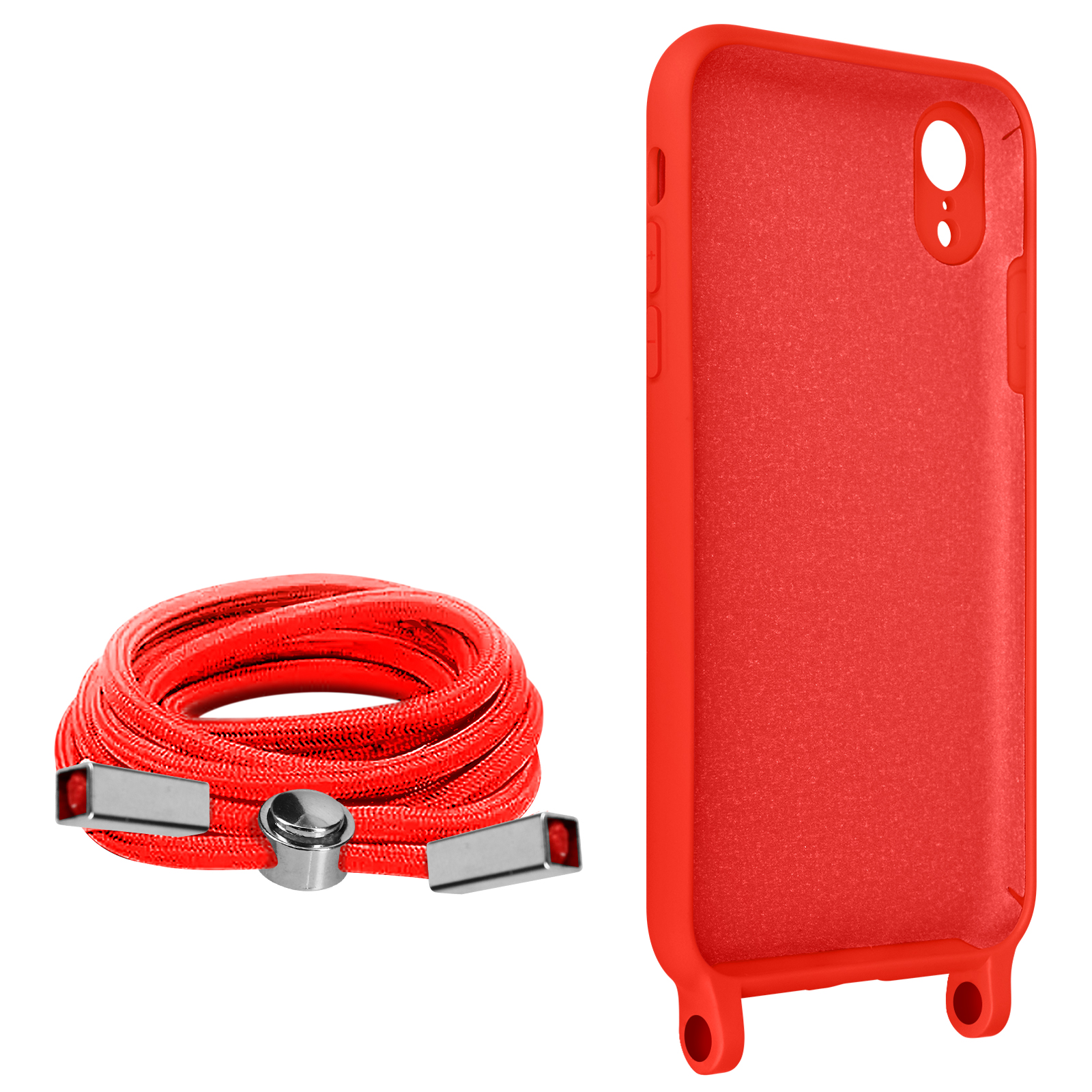Un étui de téléphone rouge et une sangle de téléphone rouge posés sur fond blanc.