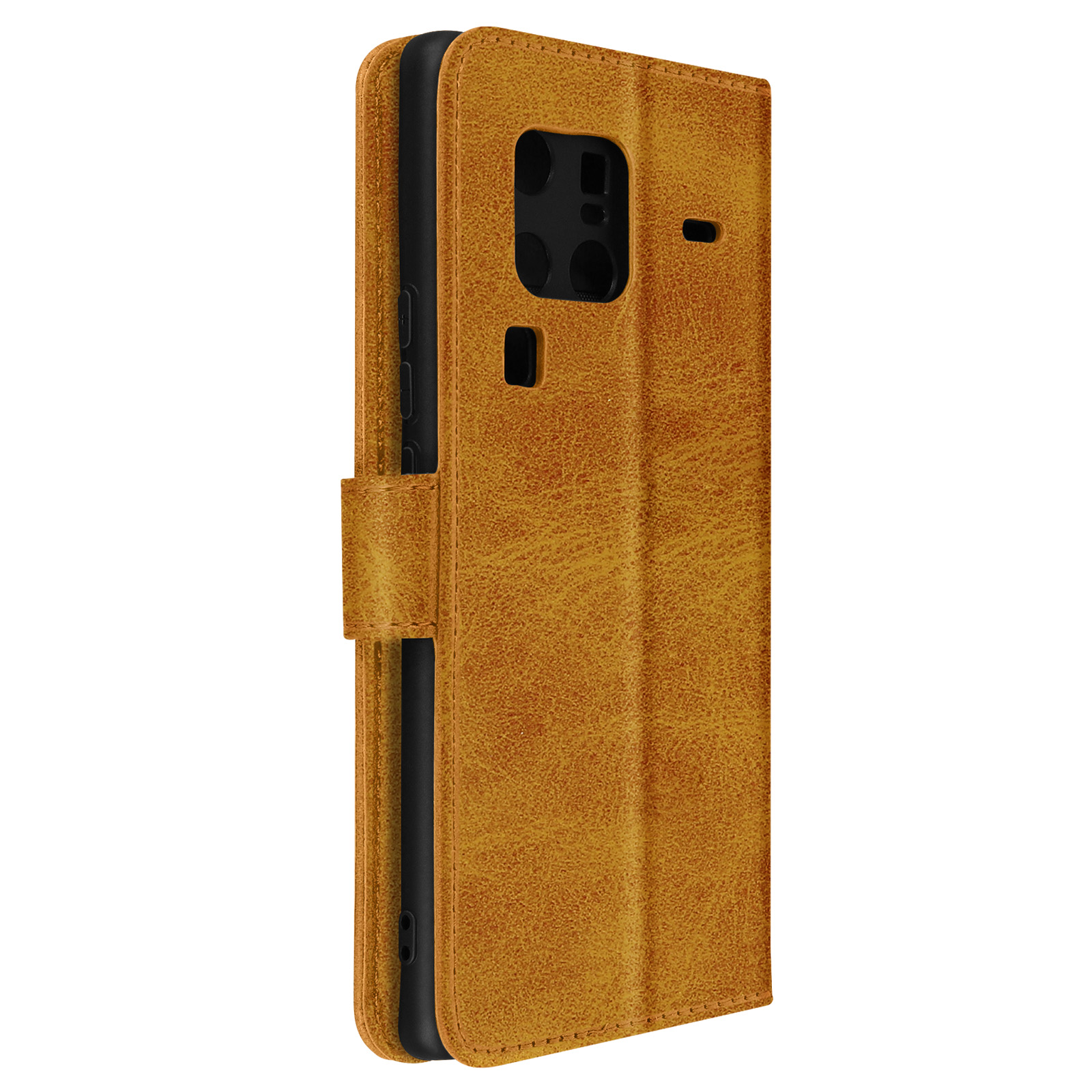 Vista laterale di una custodia per telefono in pelle marrone con chiusura magnetica, proteggendo i bordi e la fotocamera del telefono.