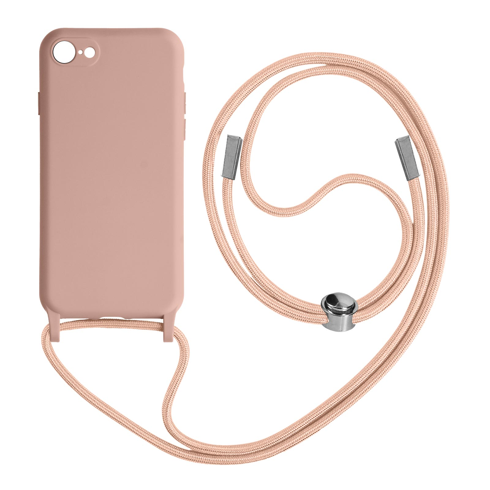 Un étui de téléphone rose avec un cordon rose assorti. Le cordon est attaché à l'étui.