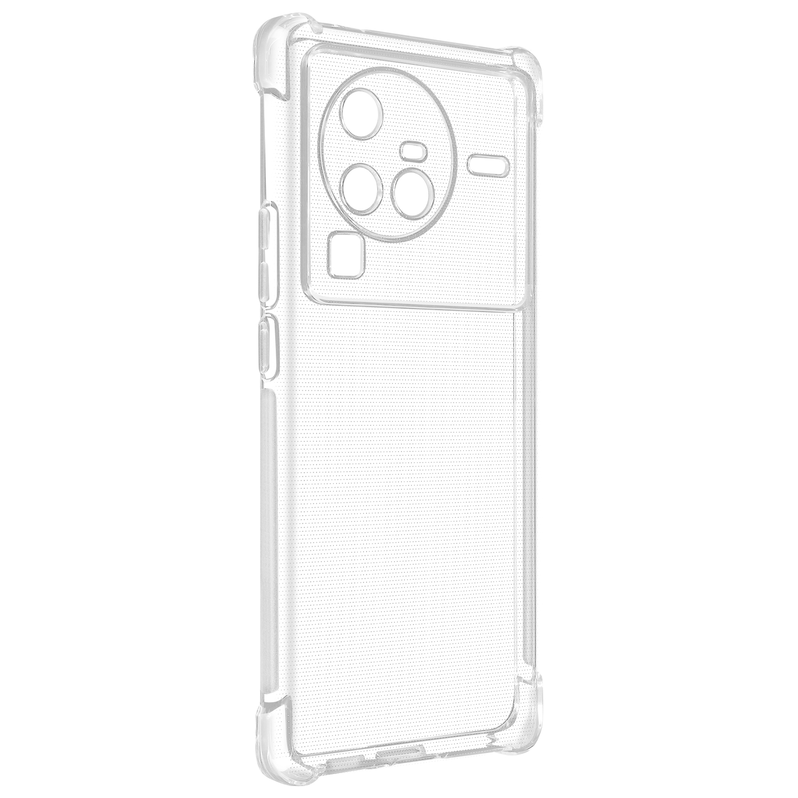 Viene mostrata una custodia trasparente per telefono. La custodia ha un motivo a griglia e un design trasparente.