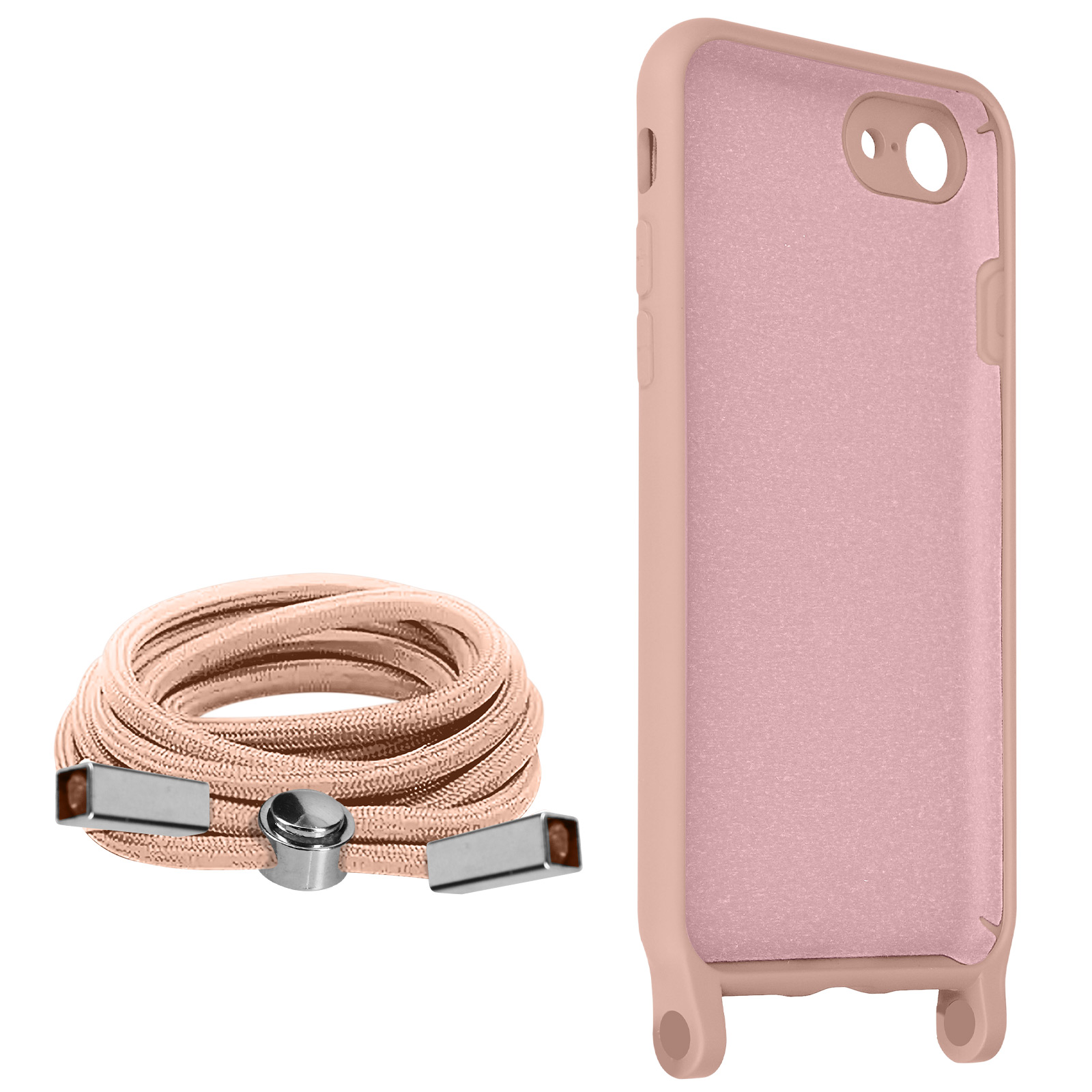 Coque de téléphone rose et cordon. Coque à droite, cordon à gauche. Fond blanc.