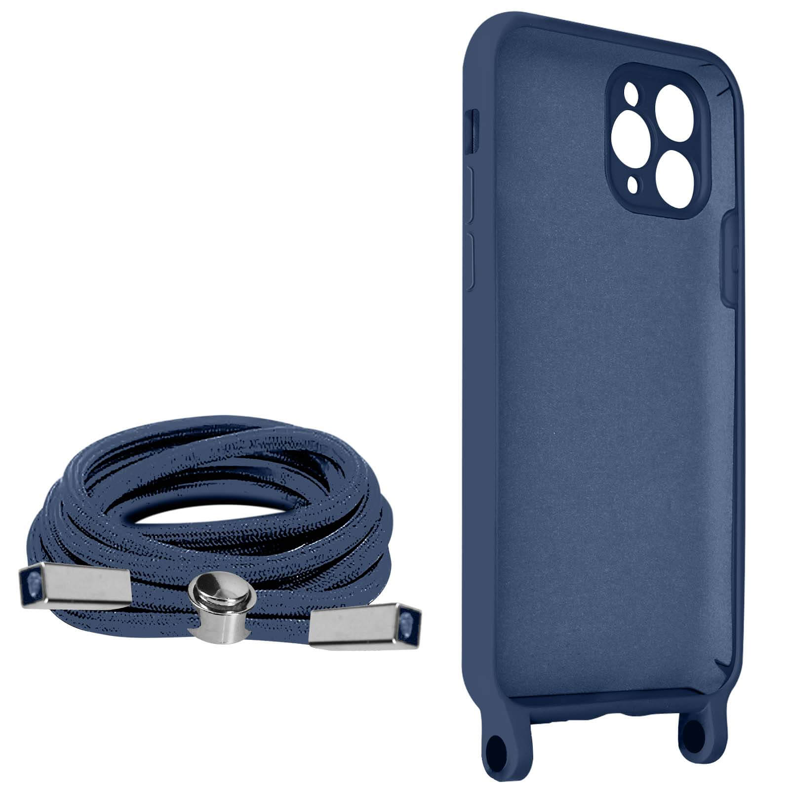 Une coque de téléphone bleue, un cordon bleu assorti et un connecteur argenté, sur une surface blanche.