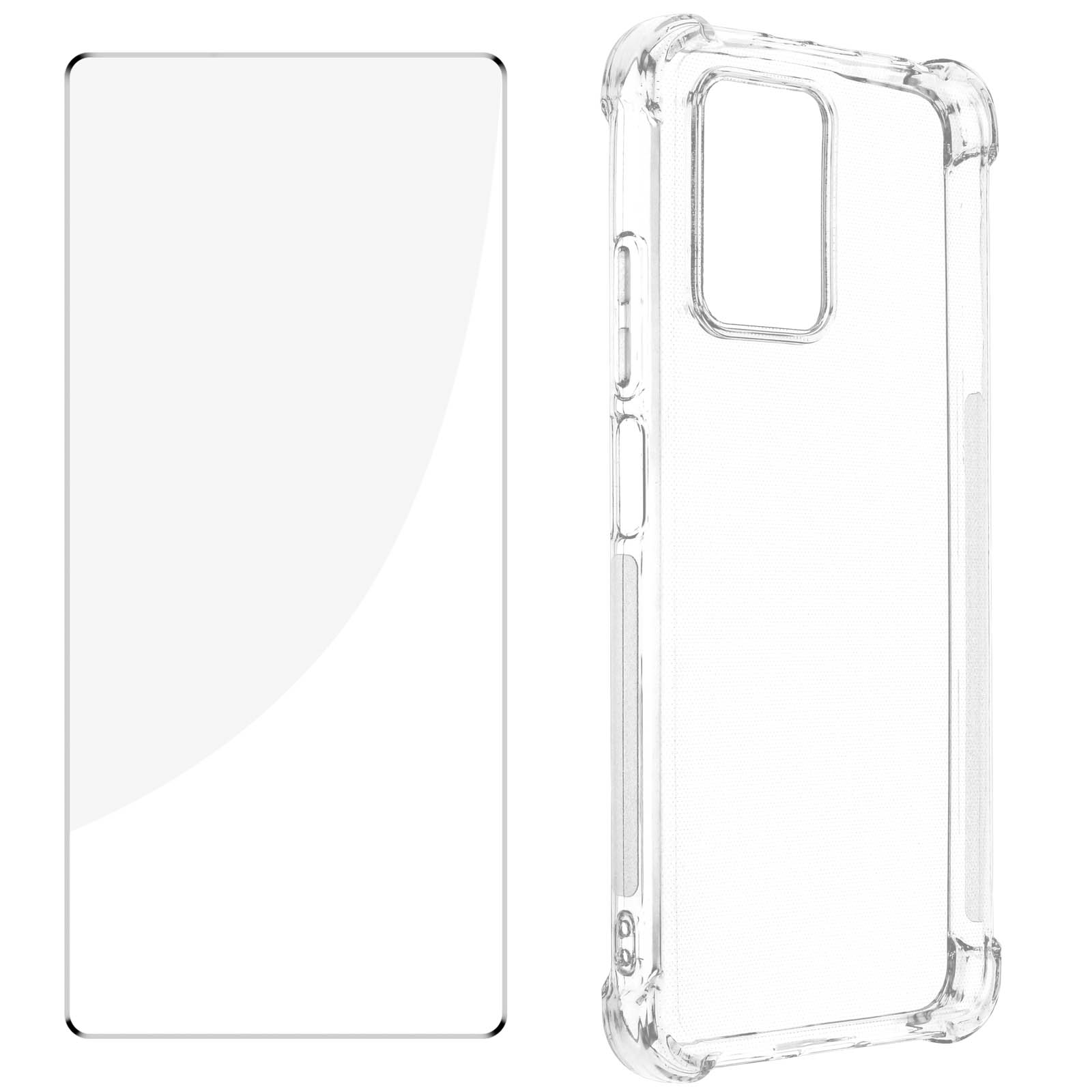 Displayschutz neben Handyhülle. Beide sind transparent. Der Hintergrund ist weiß.