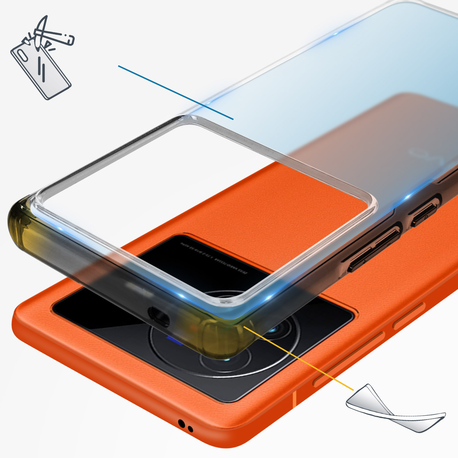 Una custodia arancione con una copertura trasparente viene posizionata su un telefono. Il diagramma mostra la vestibilità.