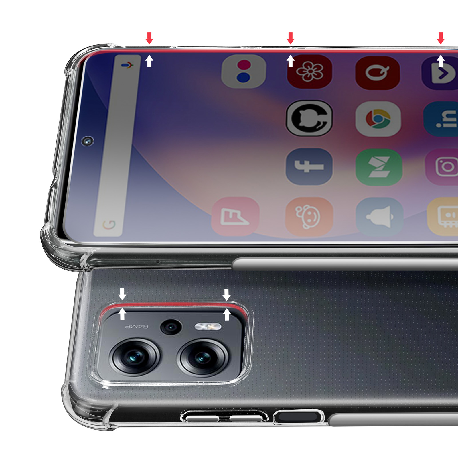 Transparente Handyhülle auf einem Telefon mit App-Symbolen. Die Hülle hat rote Akzente.