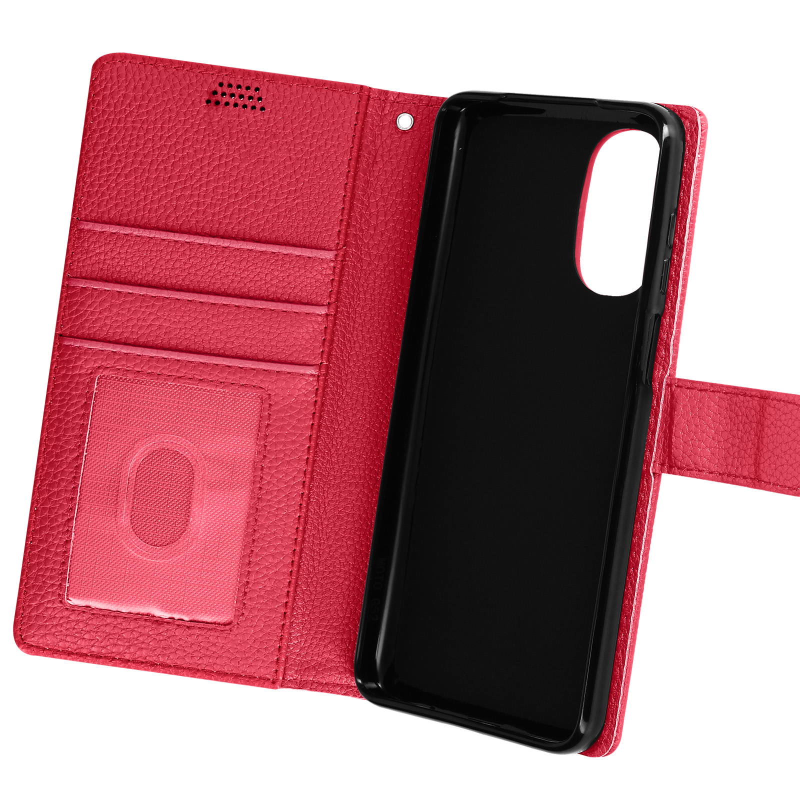 Custodia rossa aperta, con telefono, scomparti per carte e chiusura magnetica.