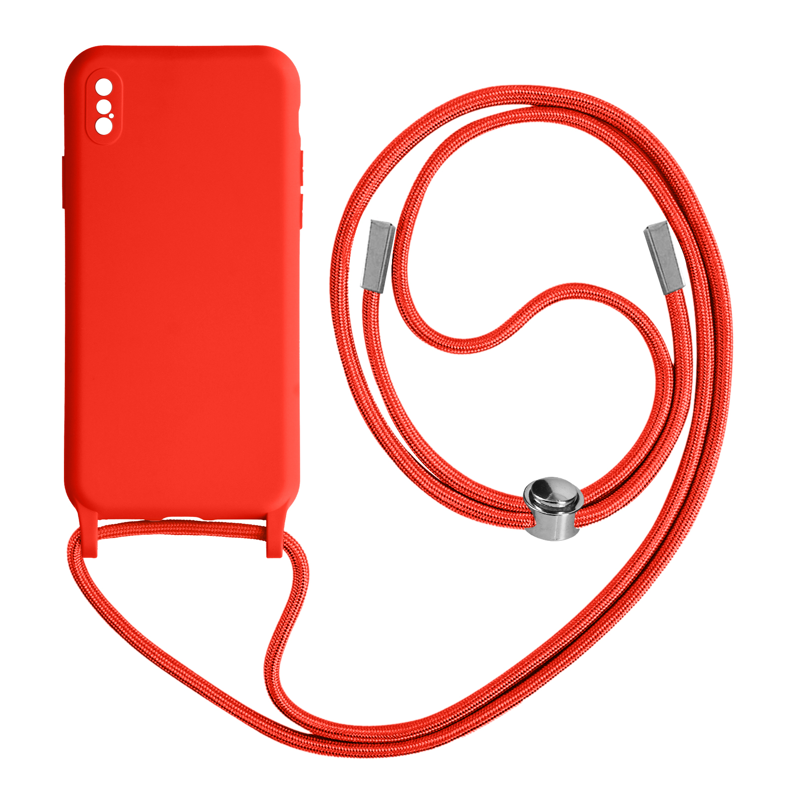 Coque de téléphone rouge avec lanière rouge. Coque de téléphone rouge avec trou pour l'appareil photo. Fond blanc.