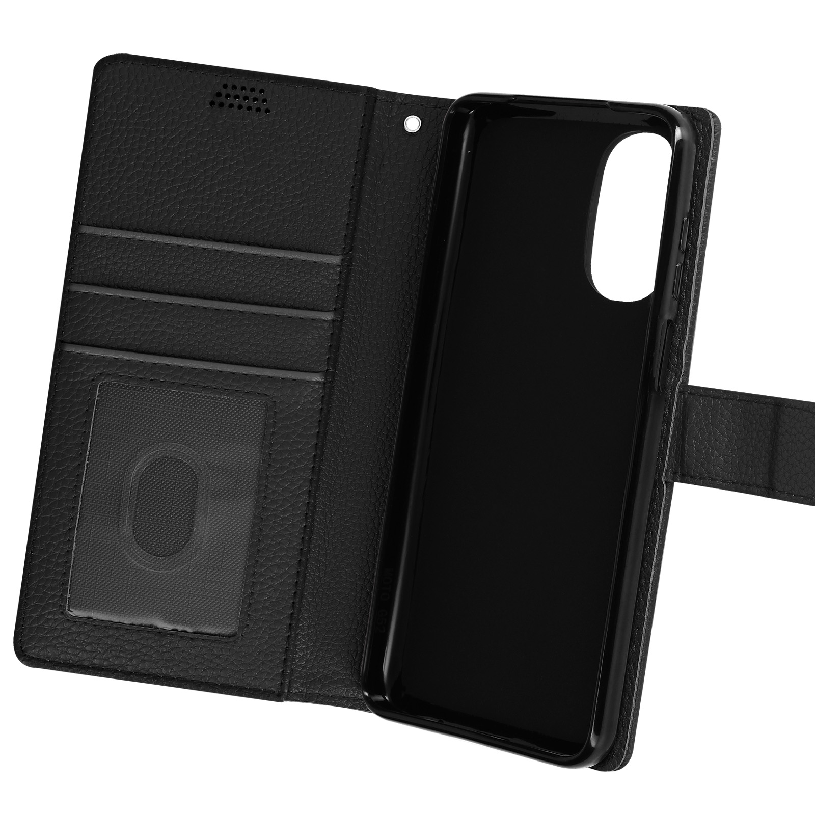 Custodia per telefono nera con portafoglio e scomparti per carte aperti.