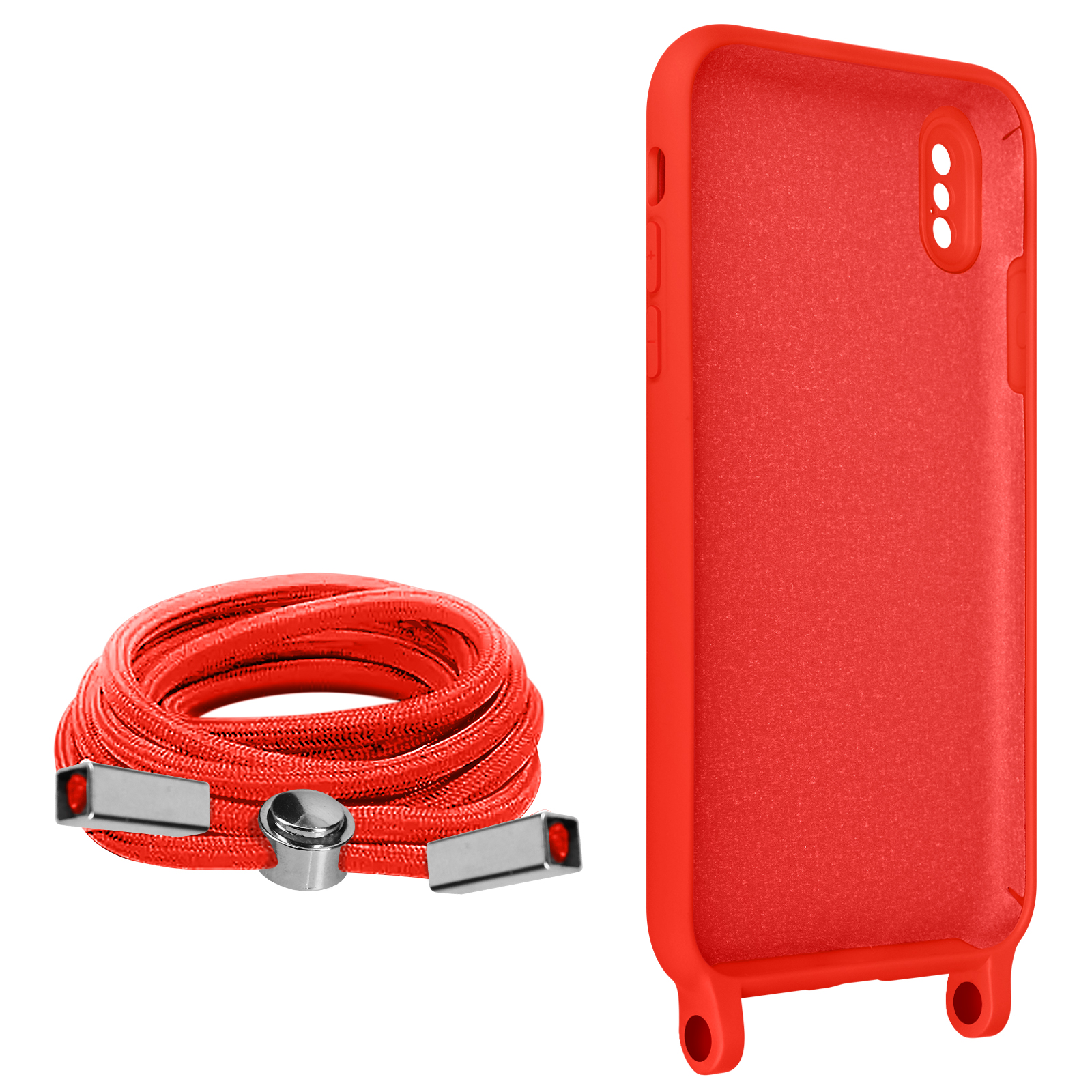 Coque de téléphone rouge et cordon. Le cordon a des extrémités métalliques.