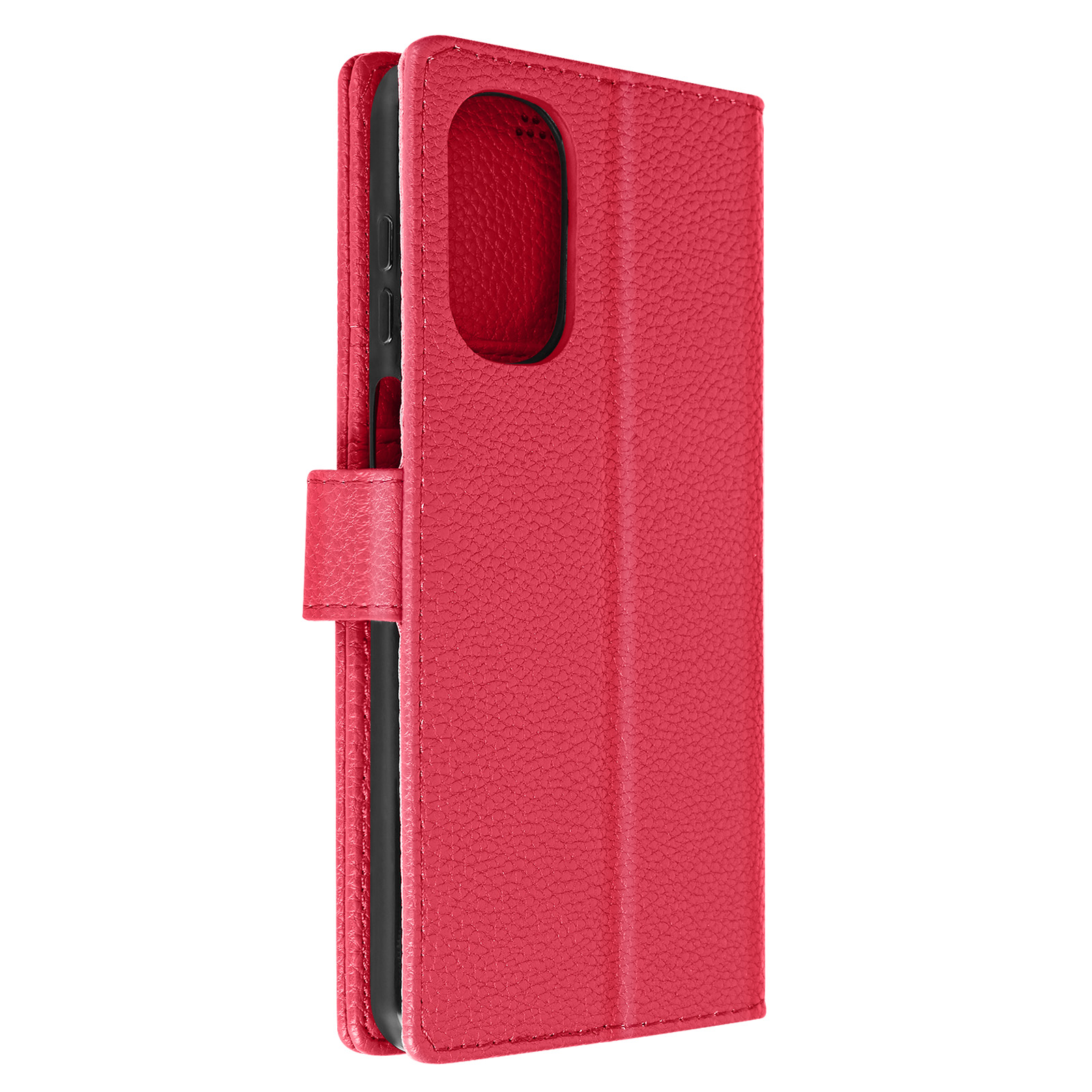 Custodia rossa piegata. Telefono nascosto. Superficie strutturata.