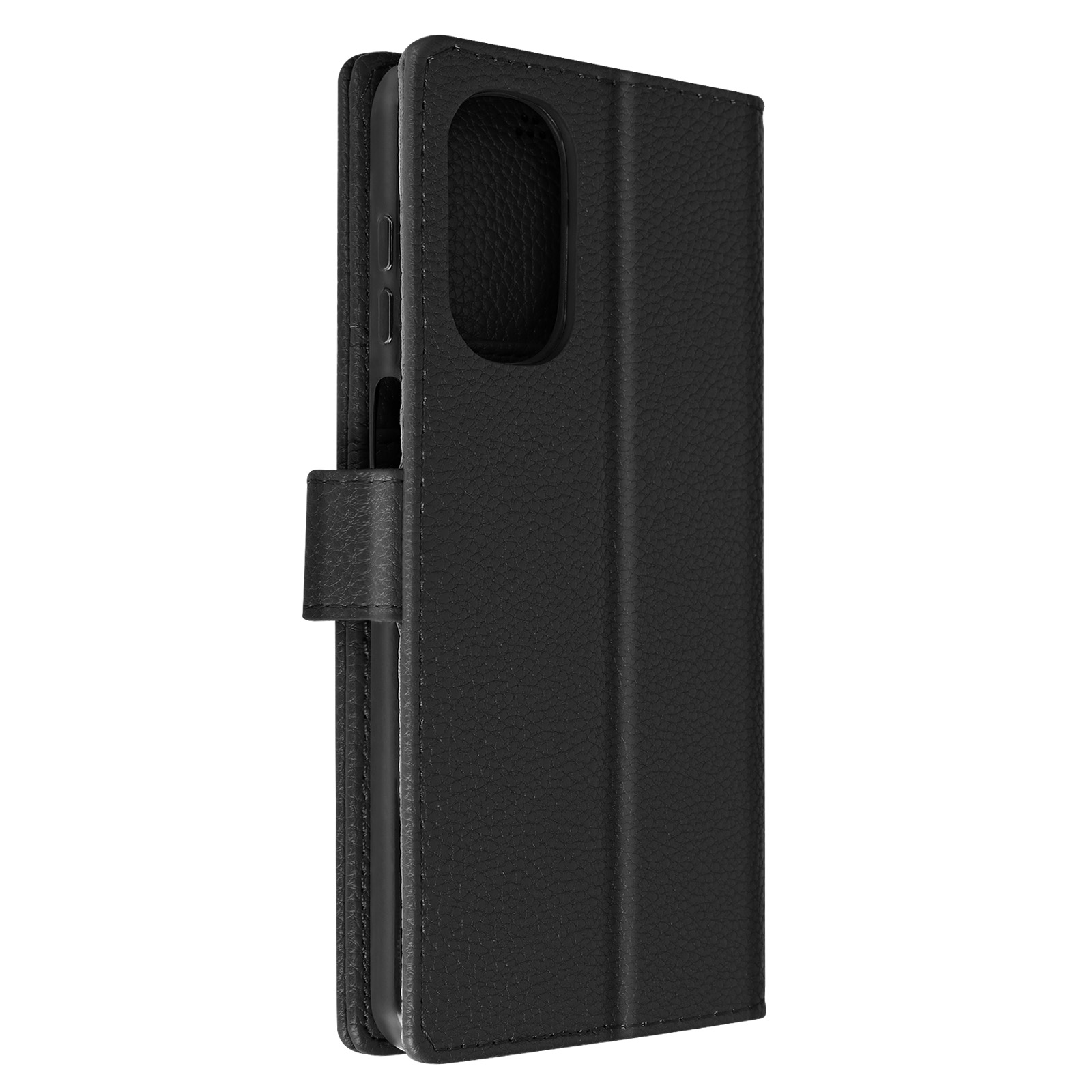 Custodia nera per telefono con texture in pelle, chiusa, che mostra il lato e la chiusura.