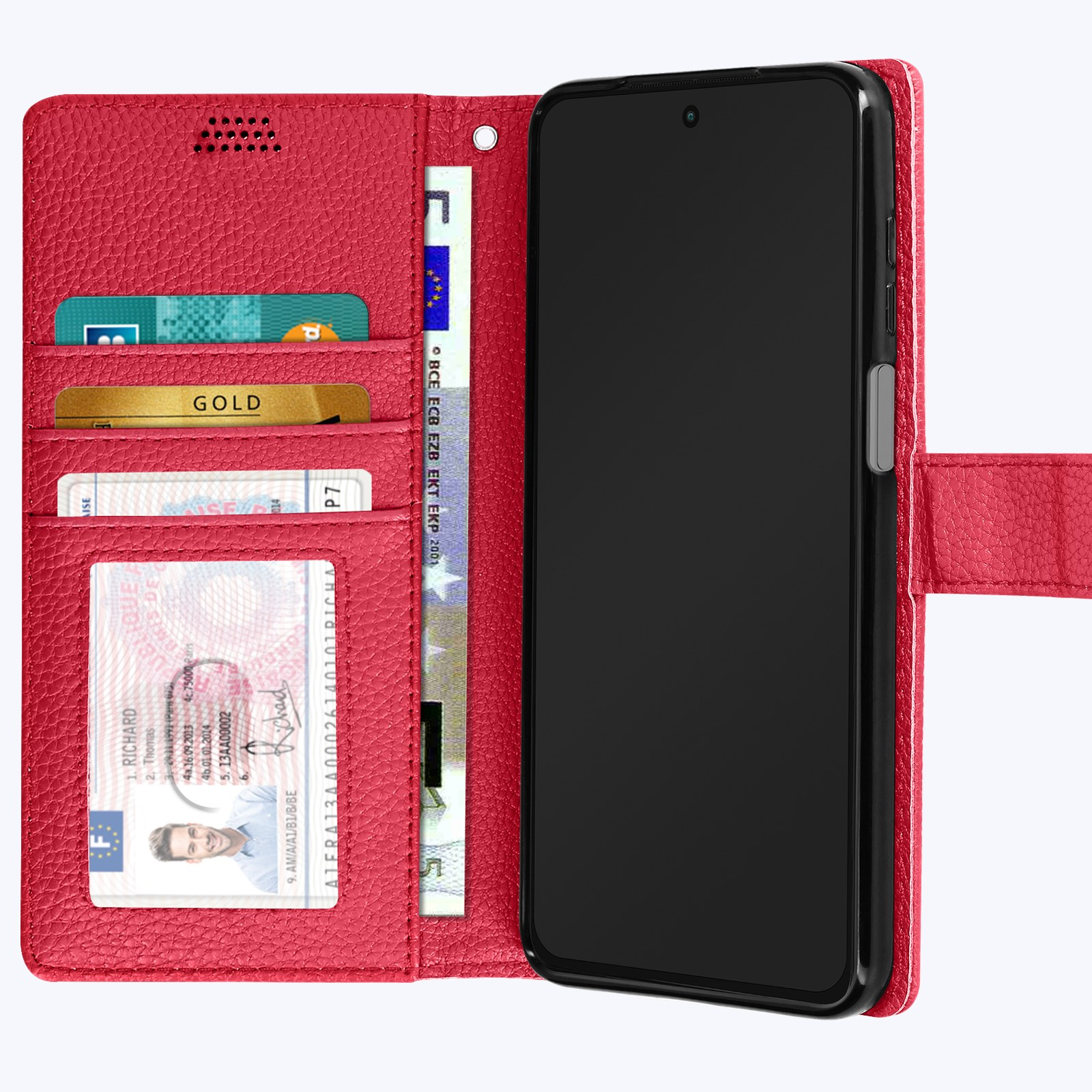 Custodia rossa per telefono con carte e denaro all'interno. Telefono nero all'interno.