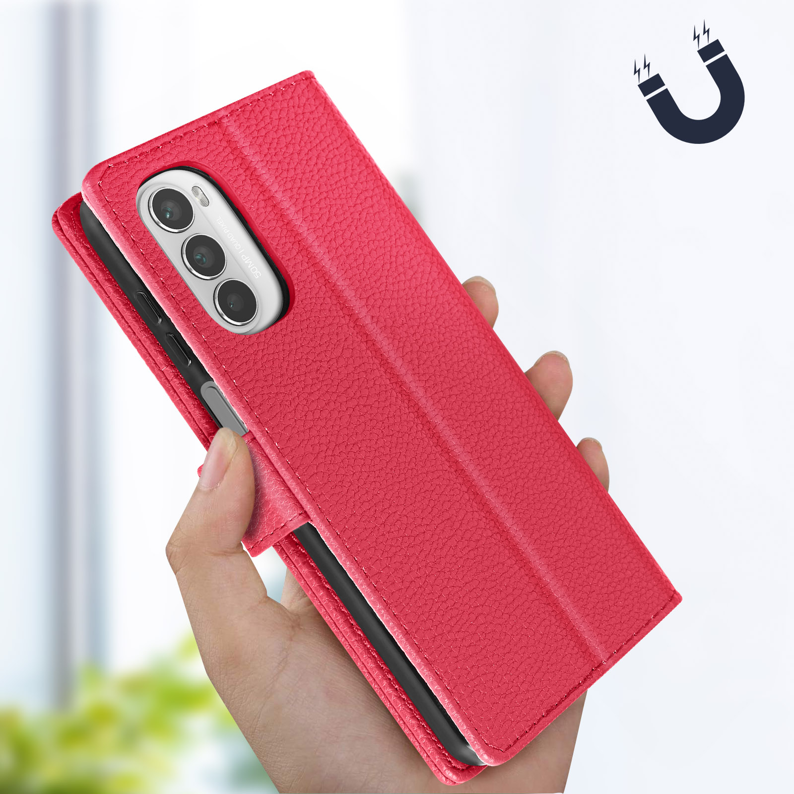 Custodia a portafoglio rosa per telefono, aperta, con un telefono all'interno. Un simbolo di magnete sopra la custodia.