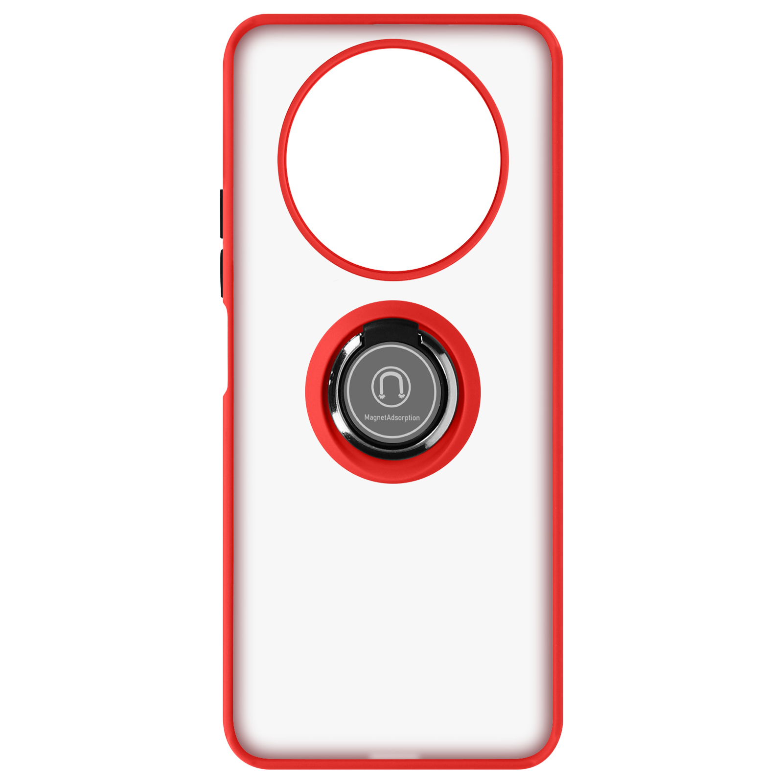 Coque de téléphone rouge avec anneau métallique et détails noirs. Le téléphone est à l'intérieur.