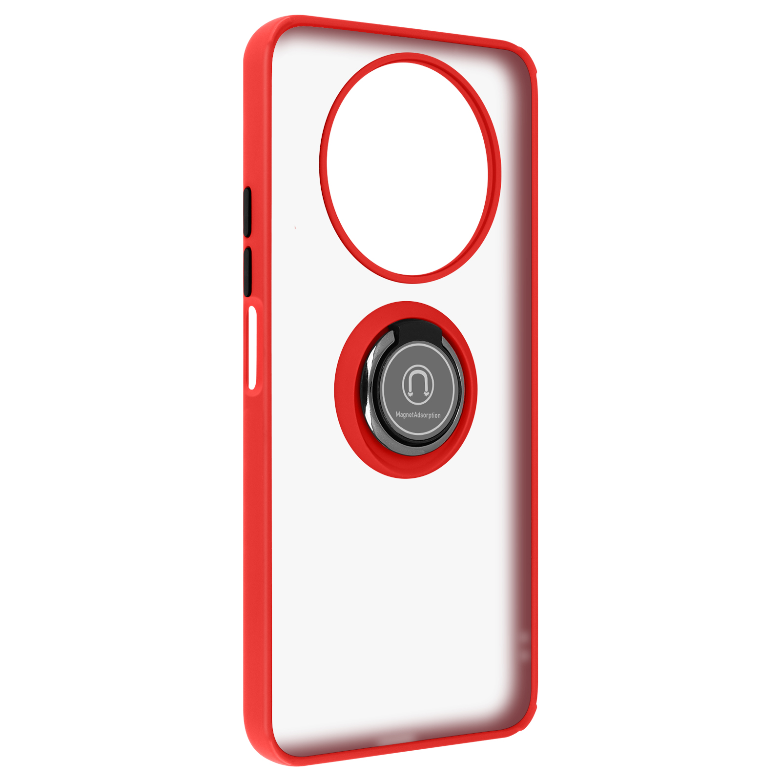 Coque de téléphone rouge avec dos transparent et support annulaire. Sur fond blanc.
