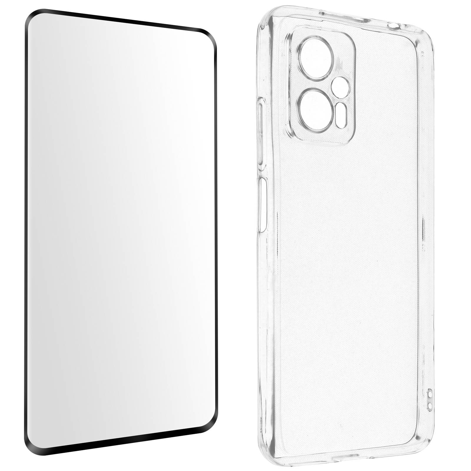 Klare Displayschutzfolie und eine klare Handyhülle. Beide sind transparent.