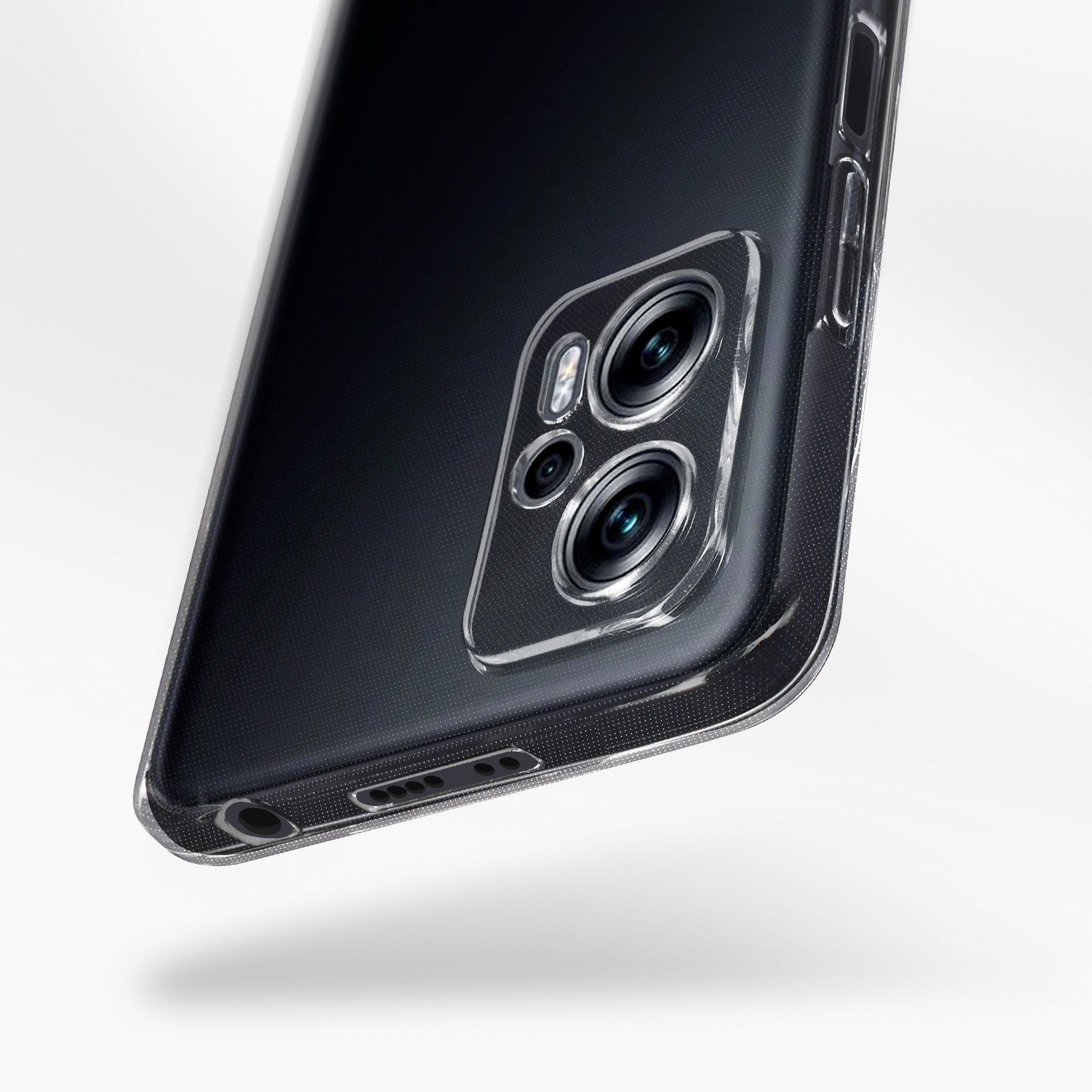 Nahaufnahme einer Handyhülle mit Kamera. Die Hülle ist transparent und zeigt die Details des Telefons.
