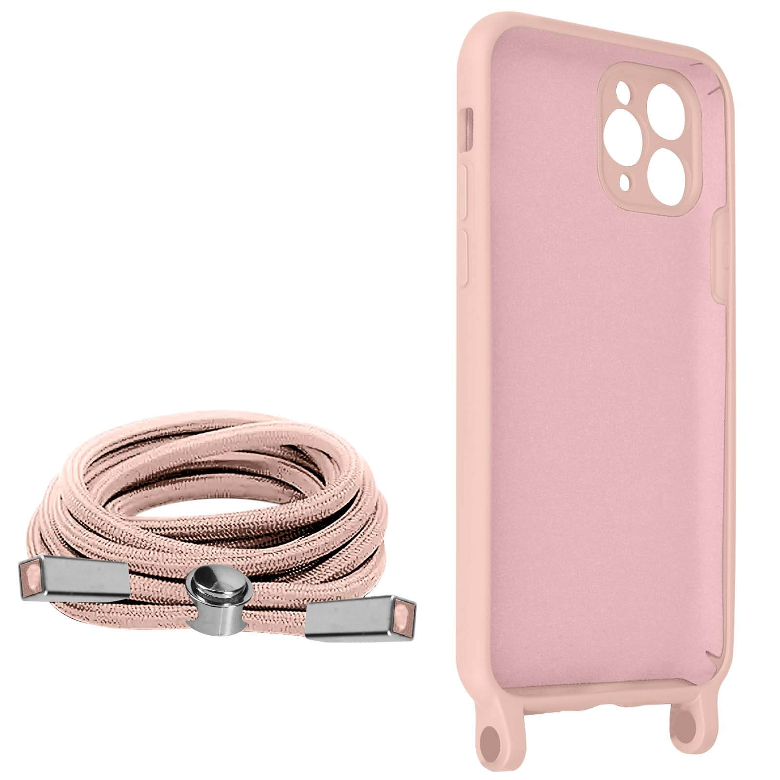 Roze telefoonhoesje met bijpassend roze koord en bevestigingen. Witte achtergrond.