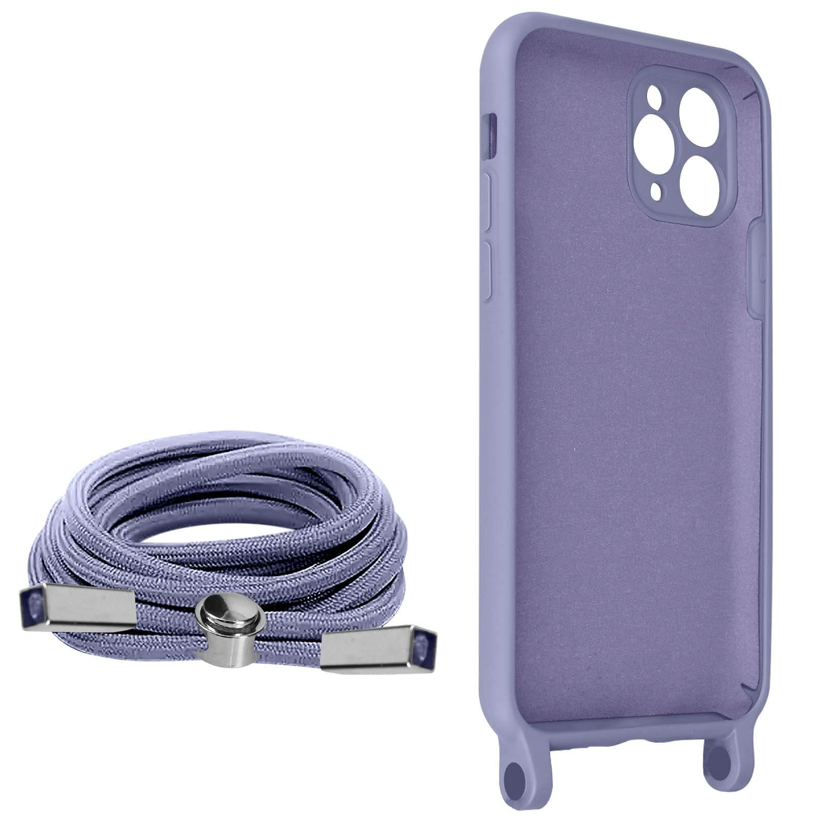 Paarse telefoonhoes en een paars touw. De hoes heeft gaten voor een koord.