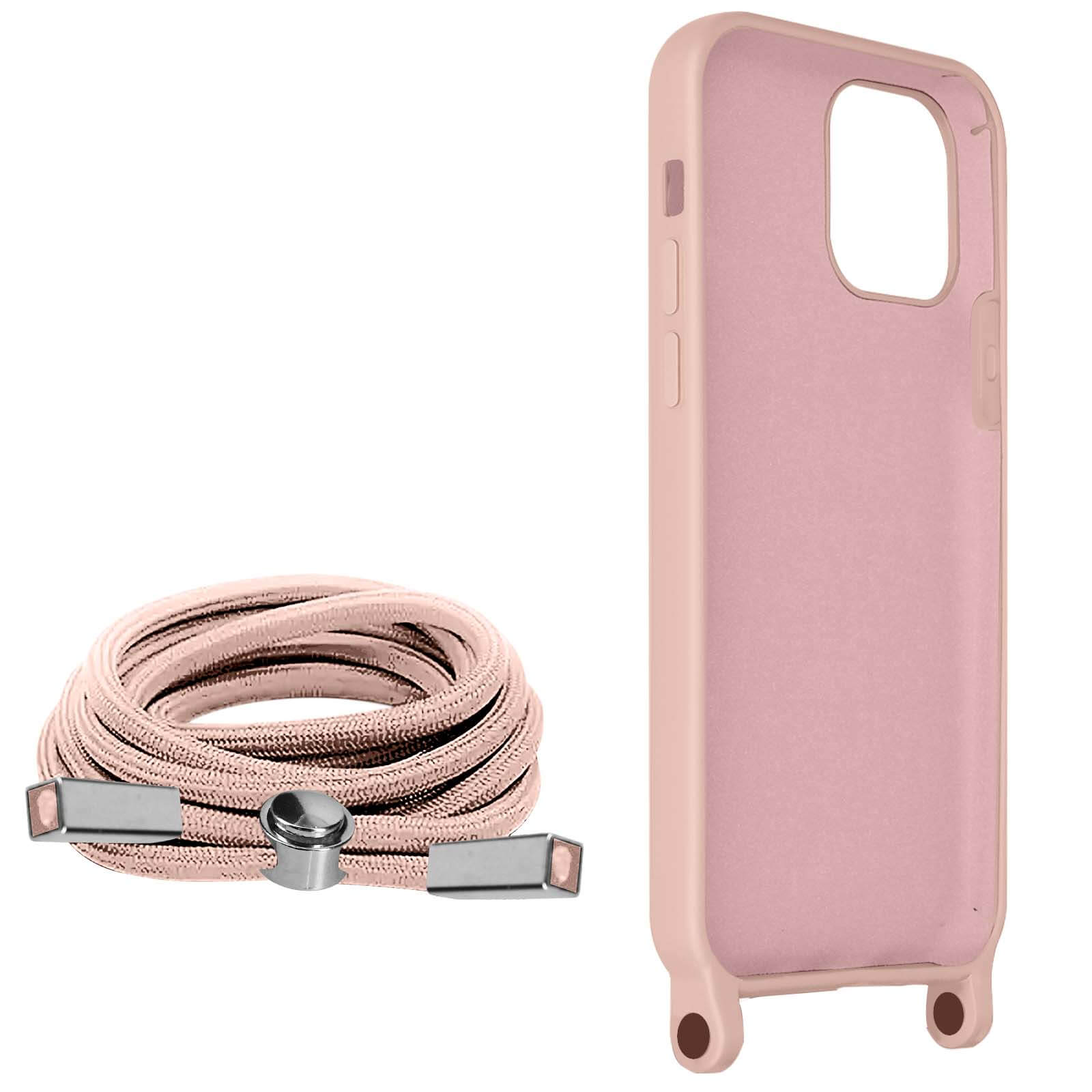 Eine rosa Handyhülle und ein rosa Kabel. Die Hülle hat Löcher für ein Kabel.