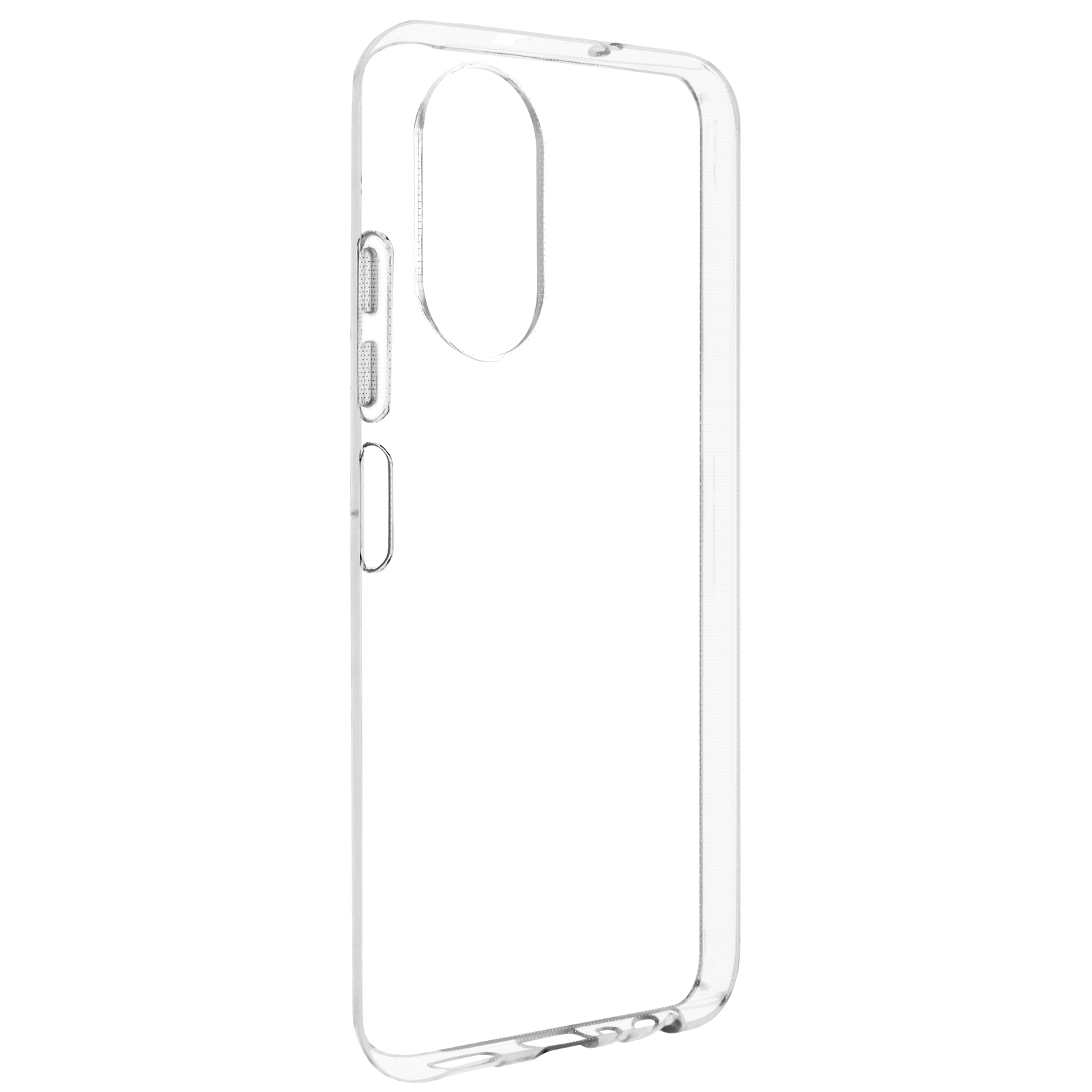 Custodia trasparente con un design semplice. Materiale trasparente, sfondo bianco.