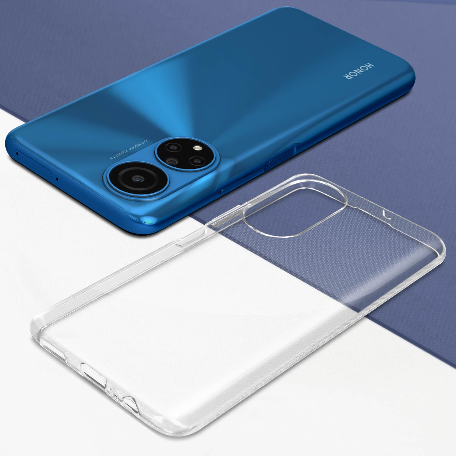Telefono blu e custodia trasparente. Il telefono è su una superficie bianca e blu.