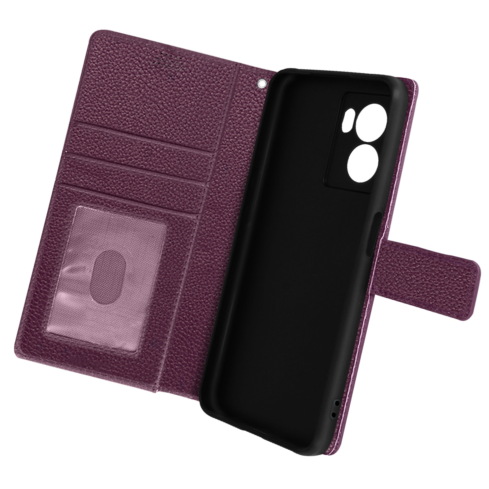 Custodia per telefono viola, aperta. Interno nero, fessure per carte e finestra trasparente per ID.