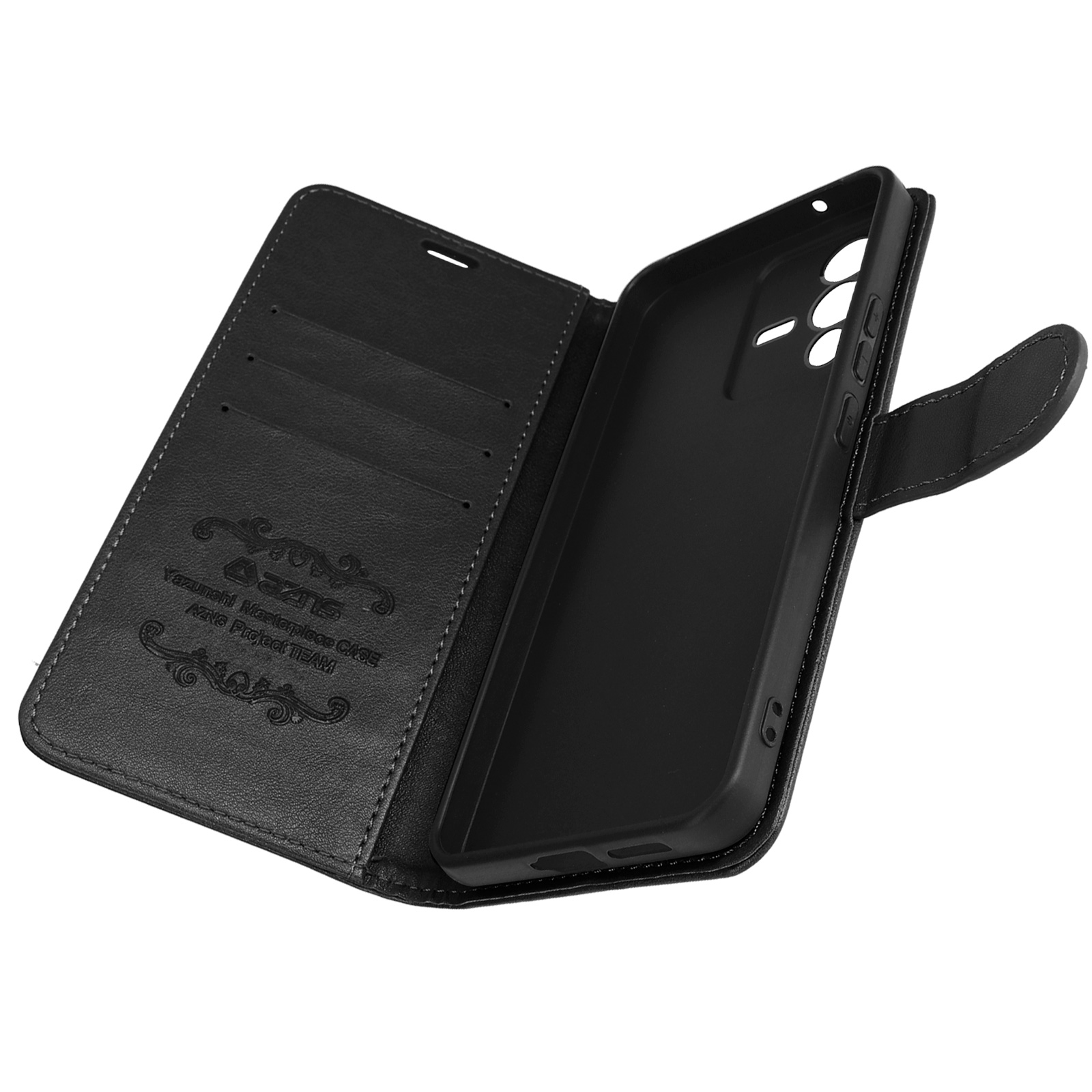 Custodia in pelle nera, aperta, con scomparti per carte e telefono dentro.