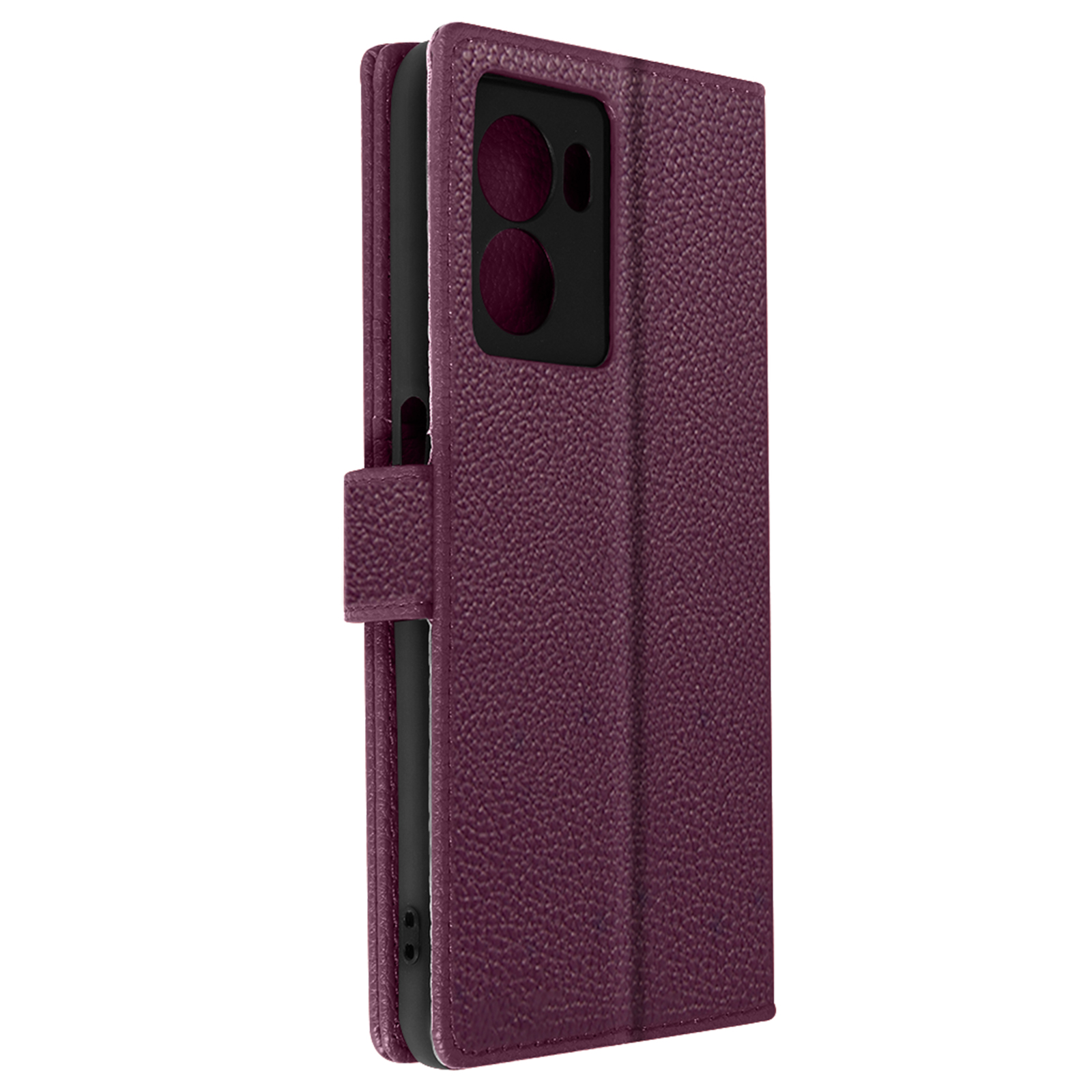 Una custodia per telefono viola chiusa. Vista laterale.