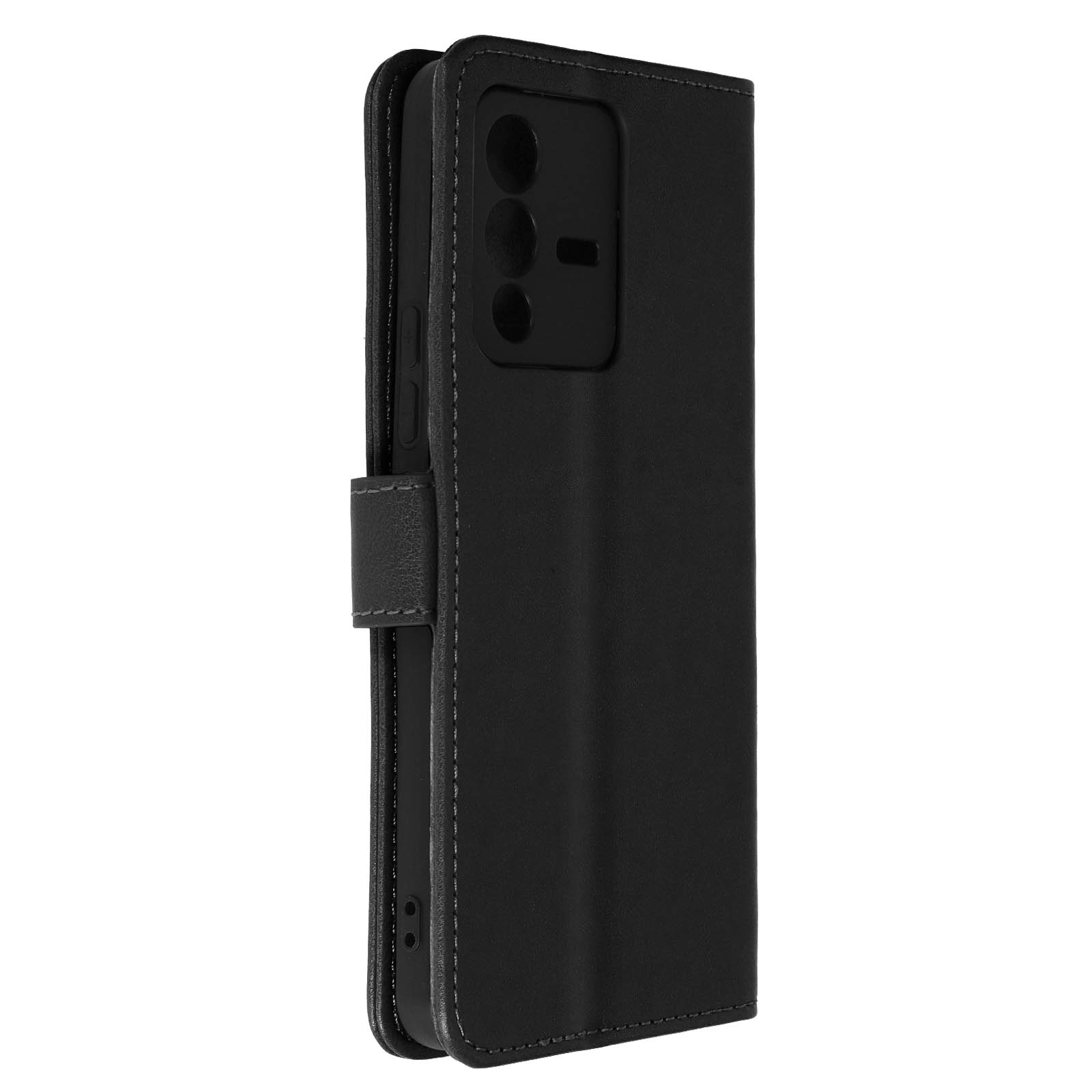 Custodia nera per telefono con texture in pelle, chiusa, che mostra il lato con fori per la fotocamera.