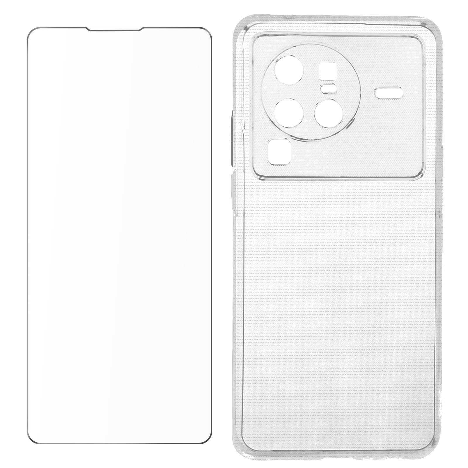 Protezione schermo e custodia del telefono. Entrambi sono trasparenti. Sfondo bianco.