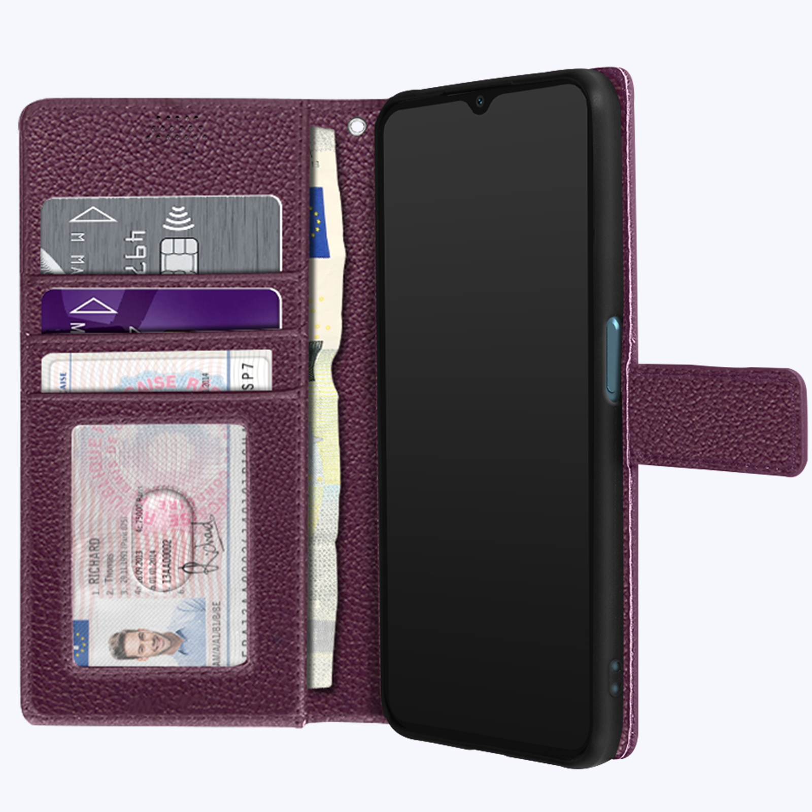 Un telefono in una custodia a portafoglio con carte e denaro visibili. La custodia è viola.