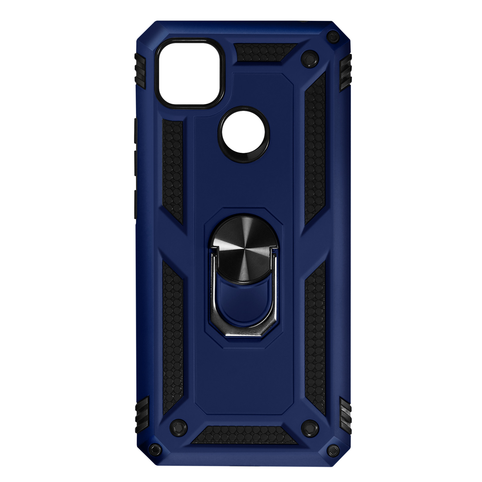 Una custodia blu per telefono con anello di supporto, design nero e blu.