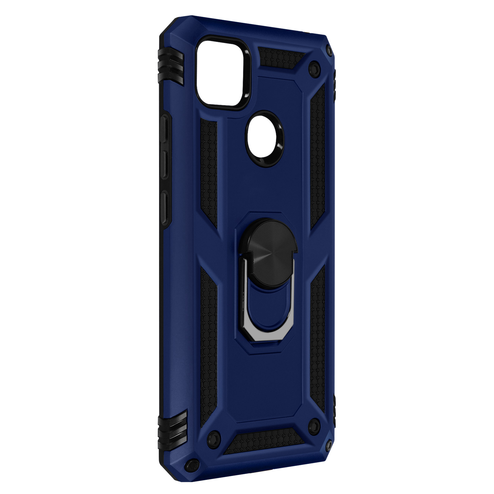 Custodia blu con anello nero, design robusto, su sfondo bianco.