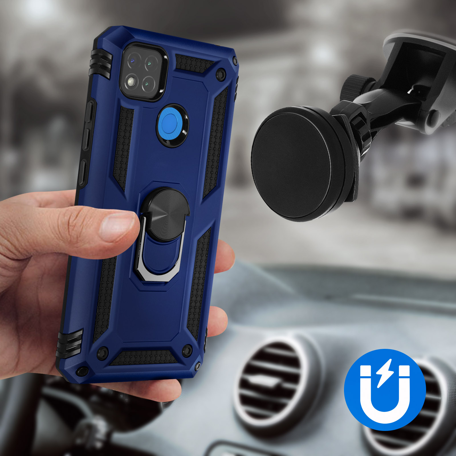 Custodia blu con dettagli neri, anello e supporto magnetico per auto.