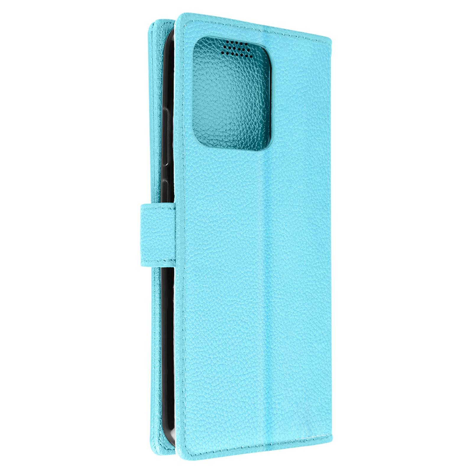 Una custodia blu per telefono aperta. Il telefono è all'interno. La custodia ha una superficie strutturata.
