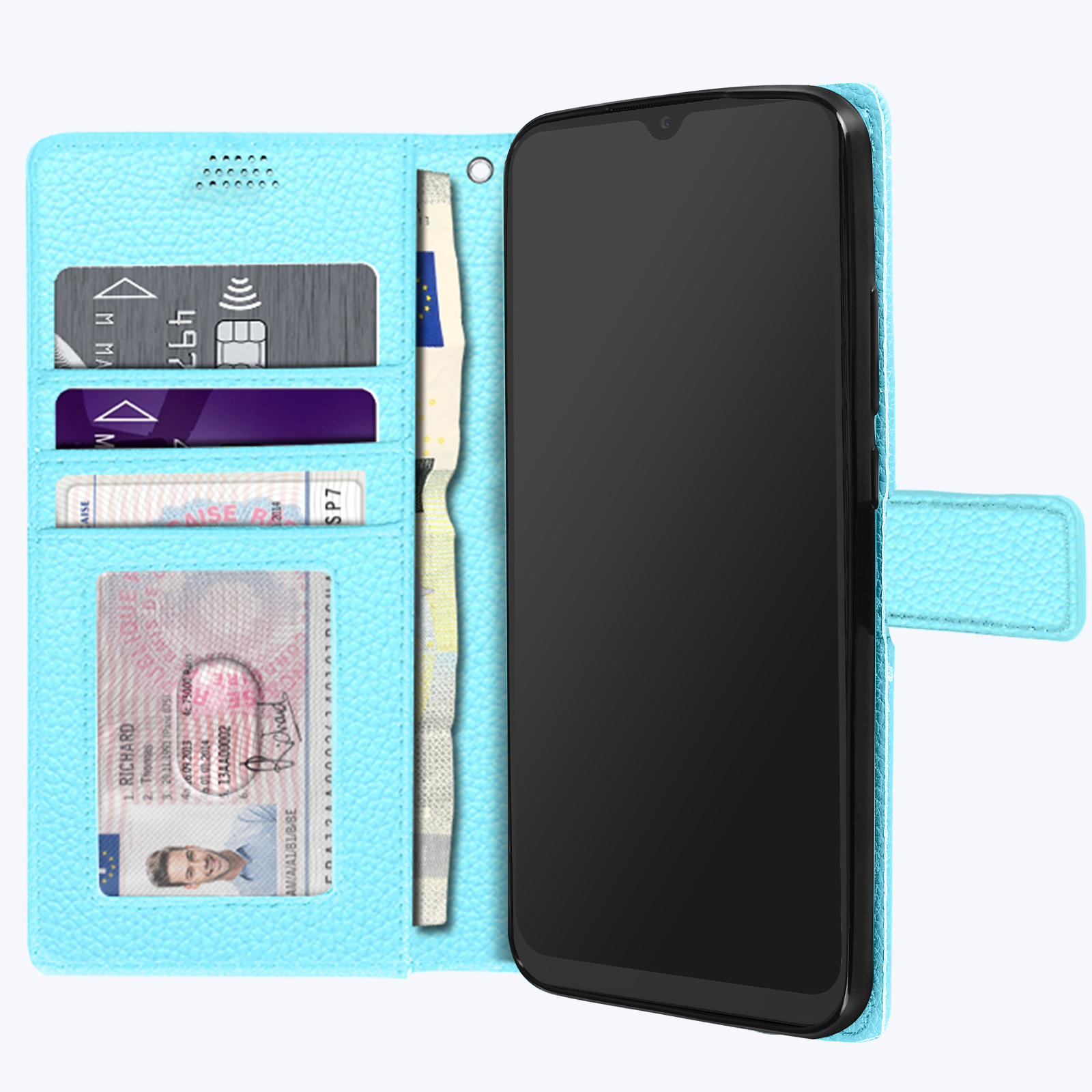 Un telefono in una custodia a portafoglio azzurra, che mostra uno schermo nero. Carte di credito e carta d'identità sono visibili.