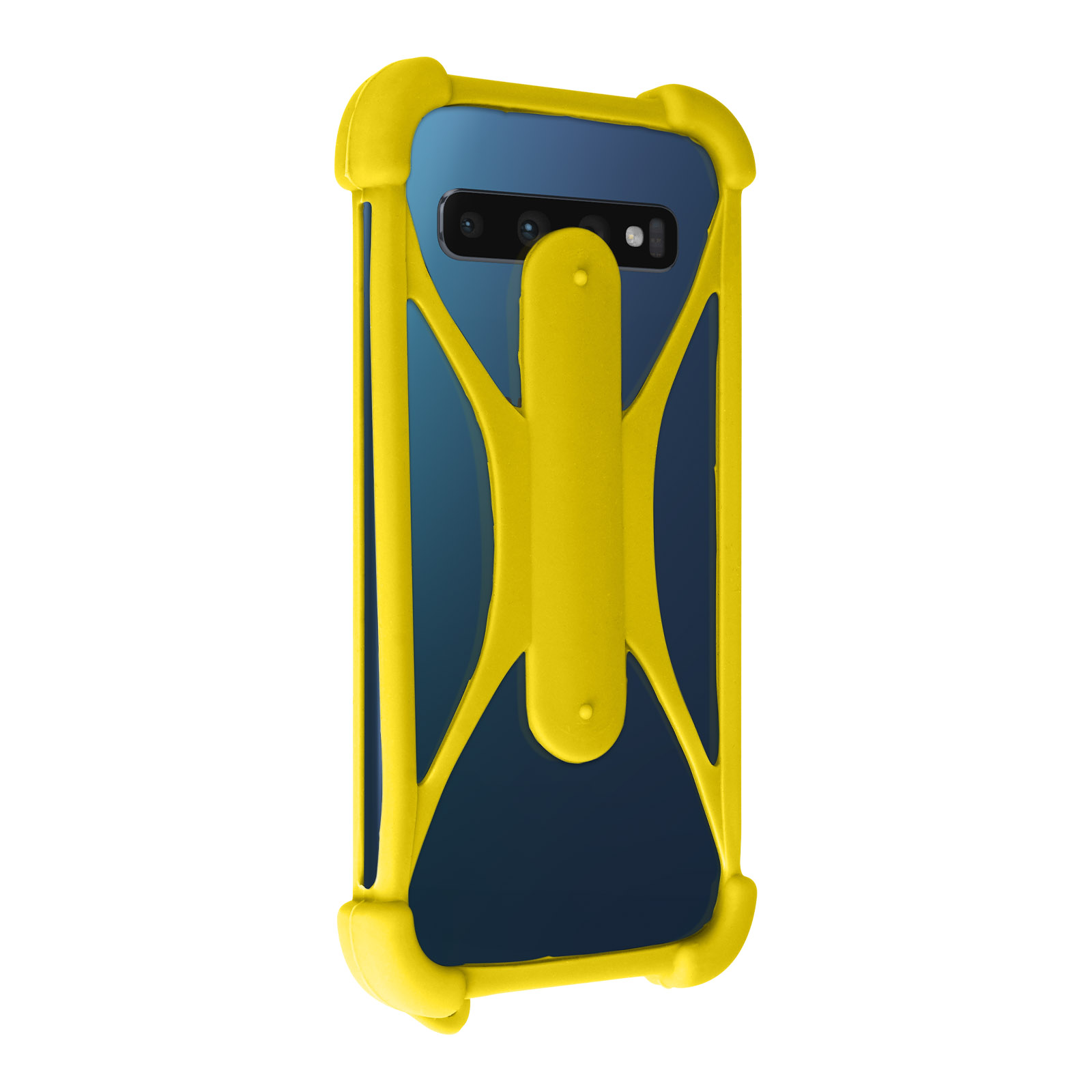 Une coque de téléphone jaune et bleue. Le téléphone est sur fond blanc.