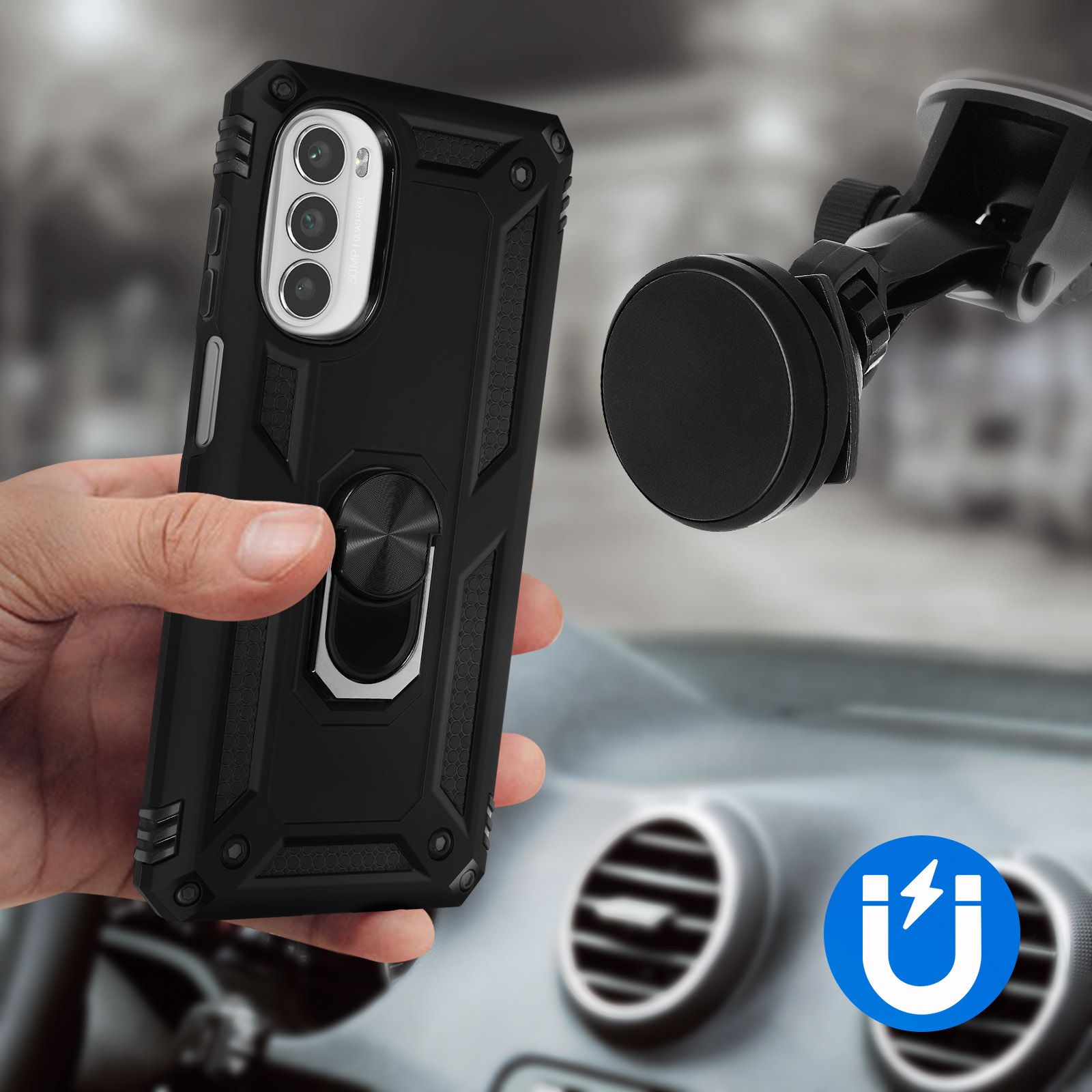 Custodia nera con anello, vicino a supporto auto e simbolo elettricità.