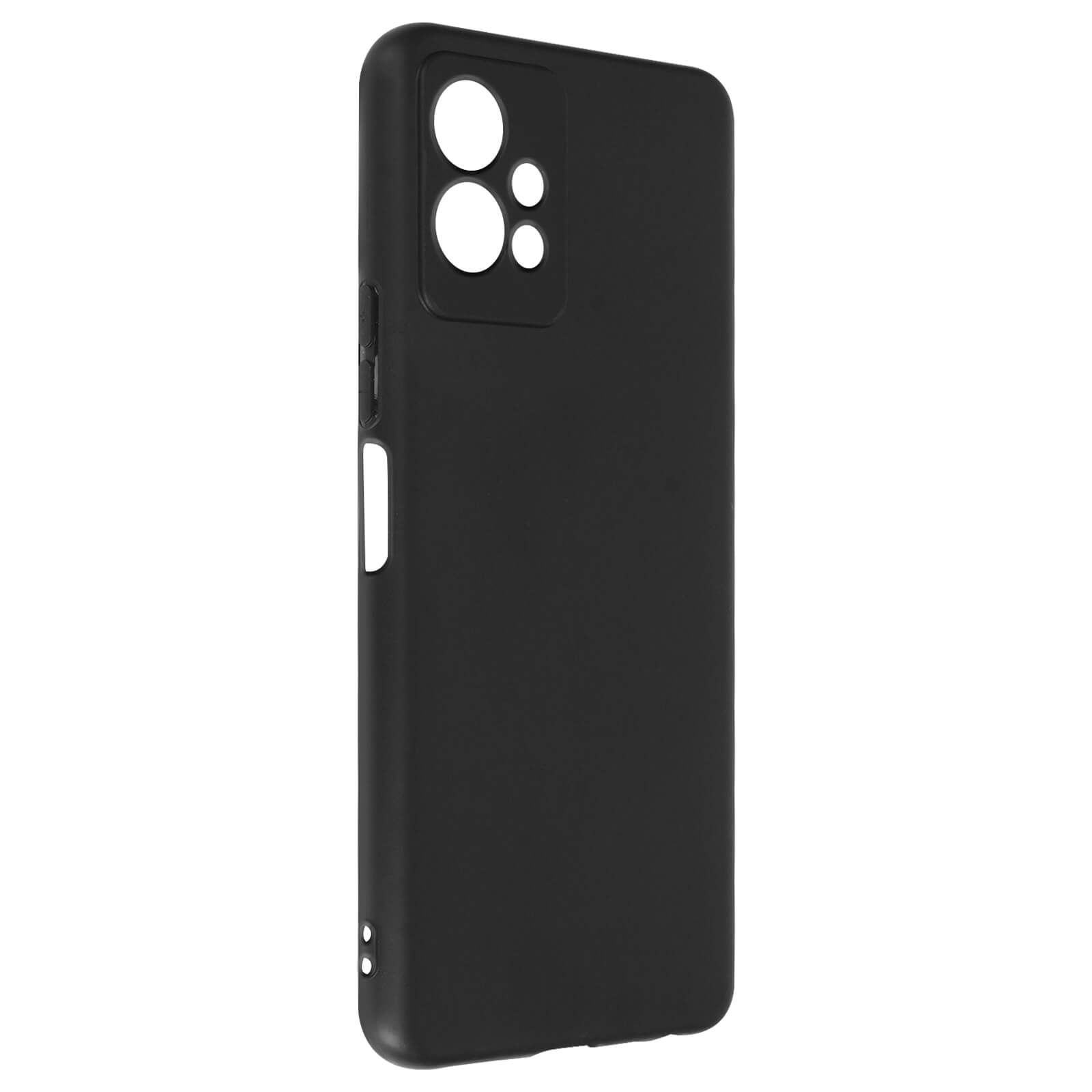 Una custodia nera per telefono. La parte posteriore è liscia e copre la fotocamera e le porte.